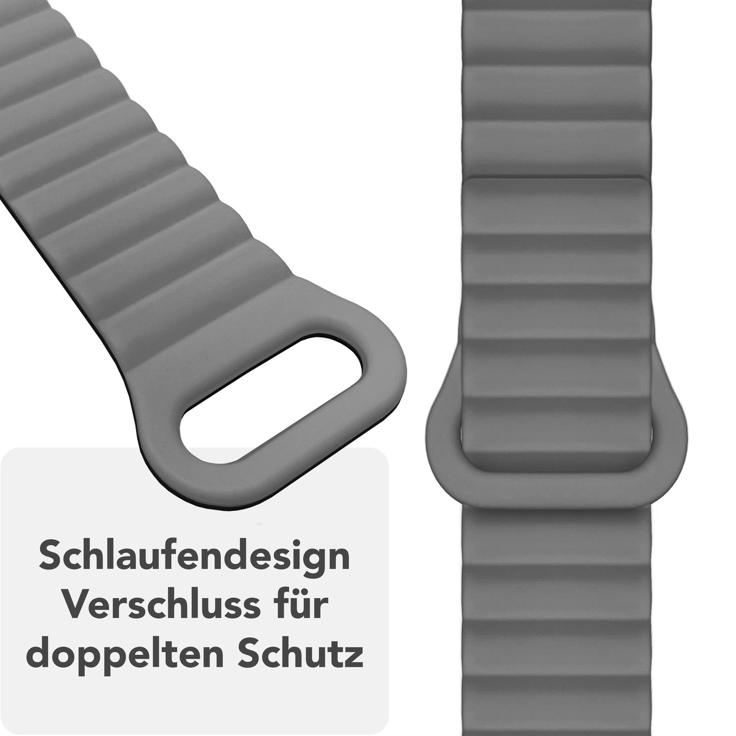 Zwei graue Apple Watch Armbänder. Der Text sagt: Schlaufendesign, Verschluss für doppelten Schutz.