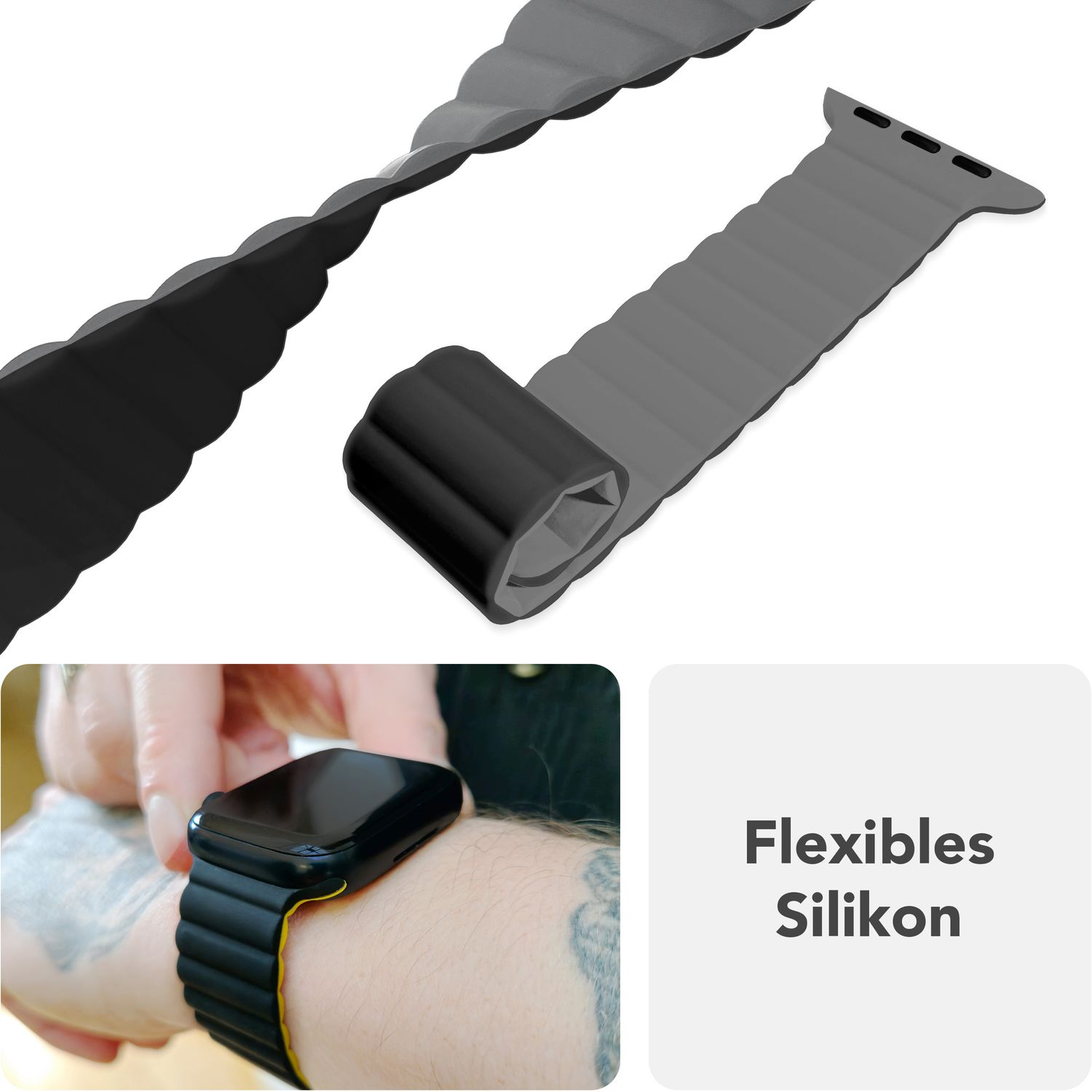 Schwarze und graue Apple Watch Armbänder. Der Text sagt: Flexibles Silikon.
