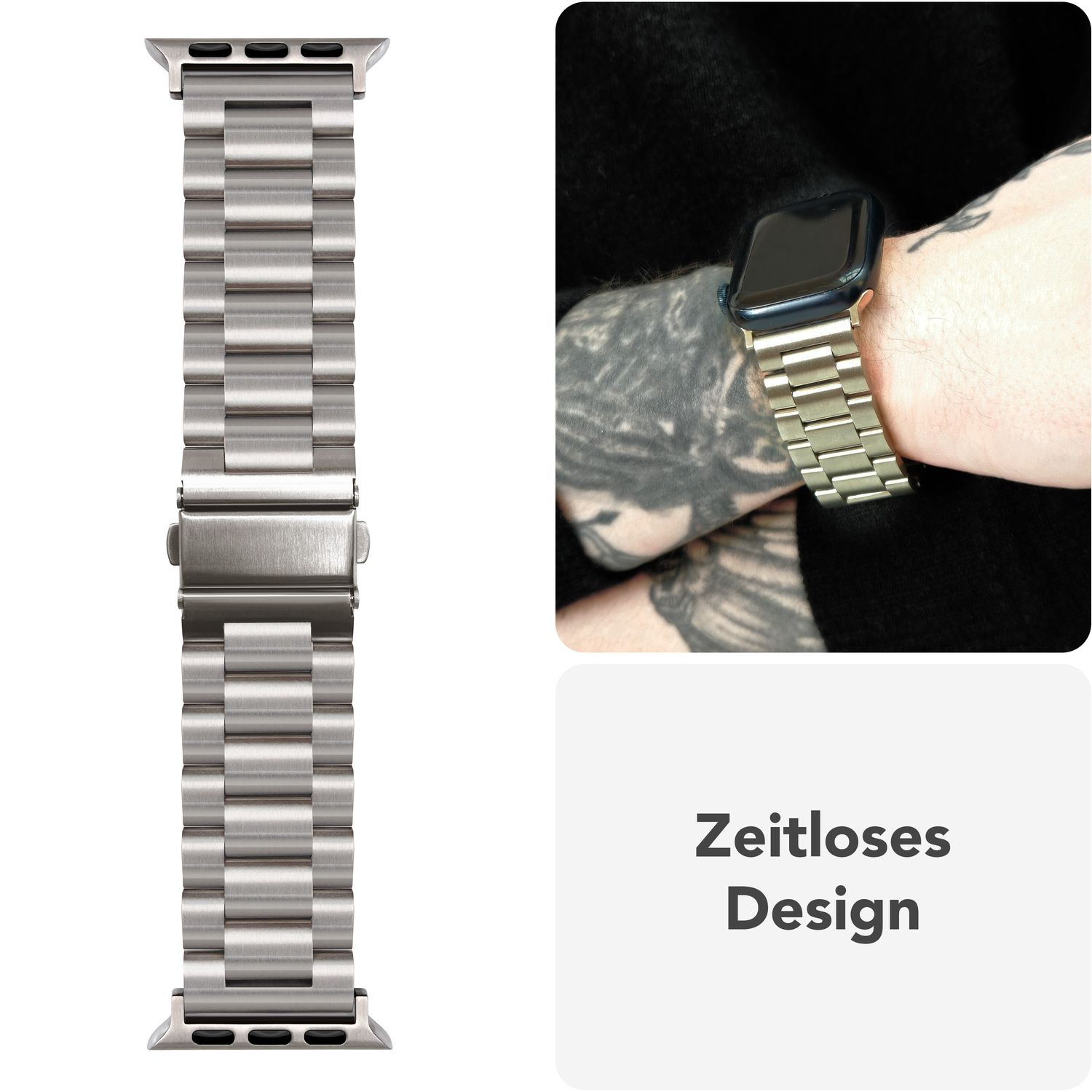Silbernes Uhrenarmband auf weißem Hintergrund. Uhr am Handgelenk mit goldenem Band. Text: Zeitloses Design.