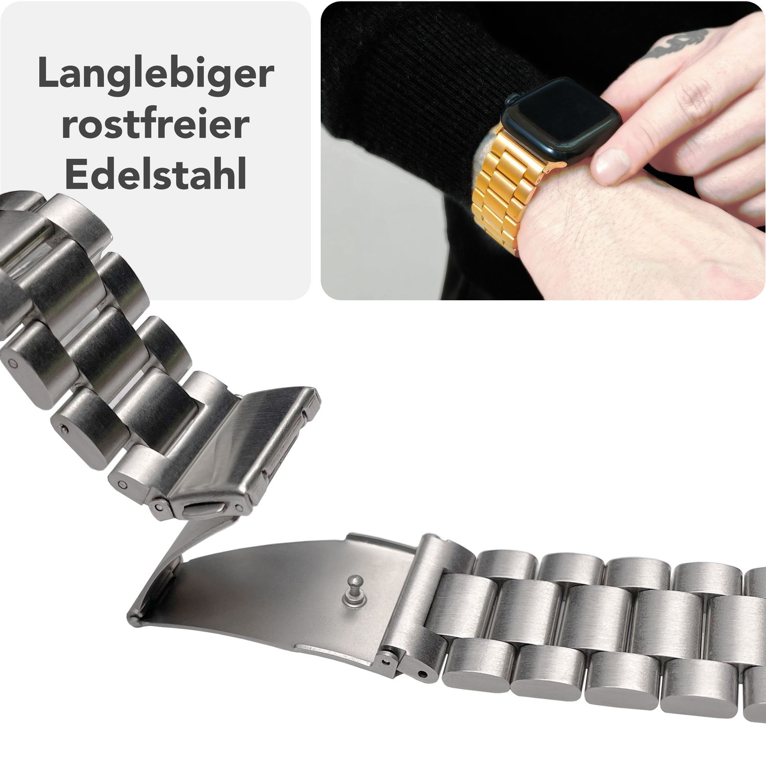Silbernes Uhrenarmband und ein Bild eines Mannes mit goldenem Uhrenarmband. Textbeschriftungen ebenfalls vorhanden.
