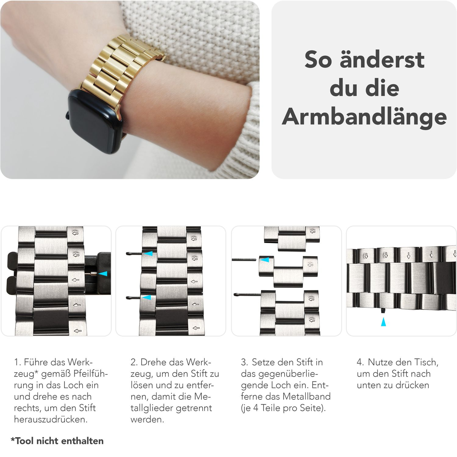 Anweisungen zur Anpassung der Armbandlänge. Bilder zeigen den Anpassungsprozess.