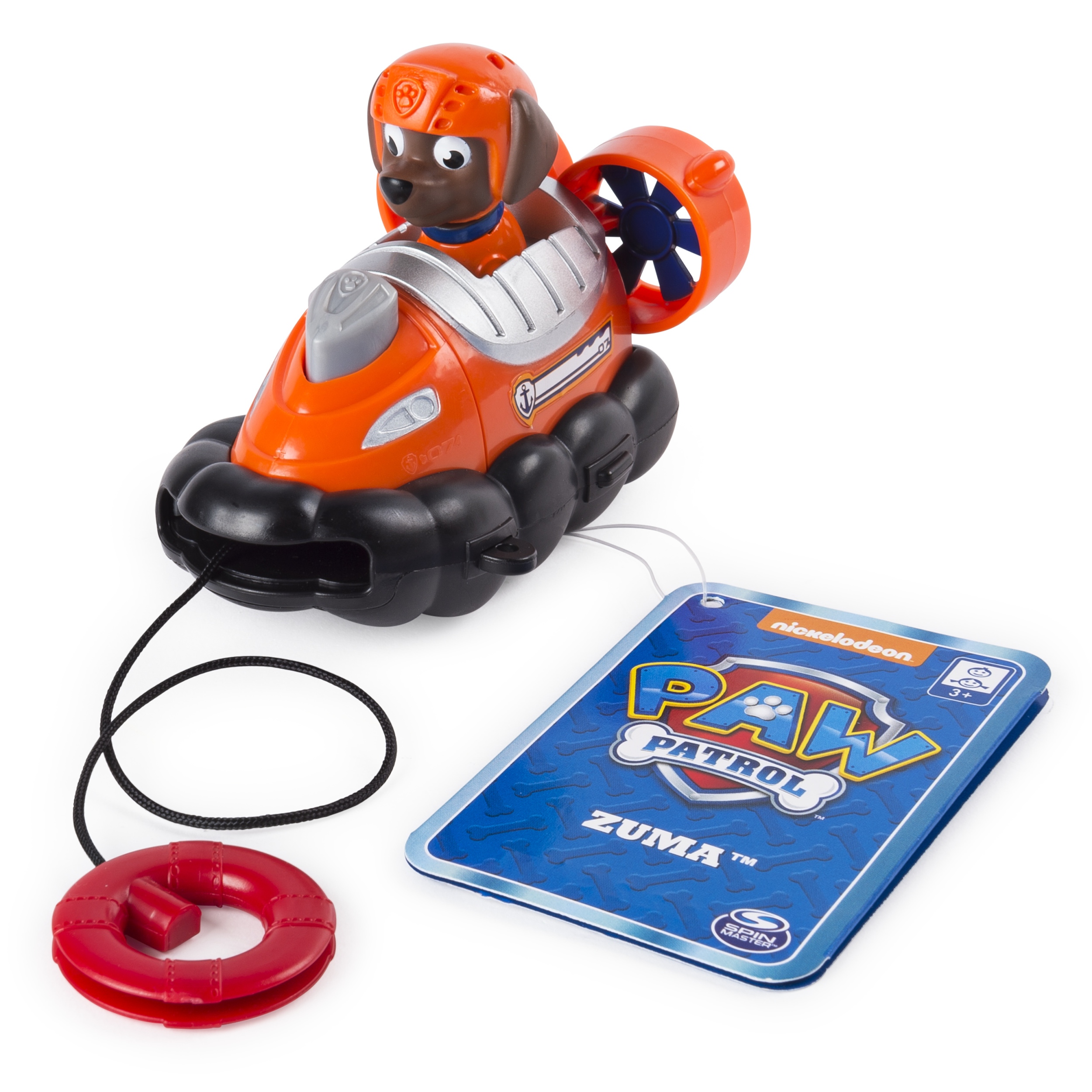 Barco de juguete Zuma de Paw Patrol. Bote naranja con figura de Zuma. Fondo blanco.