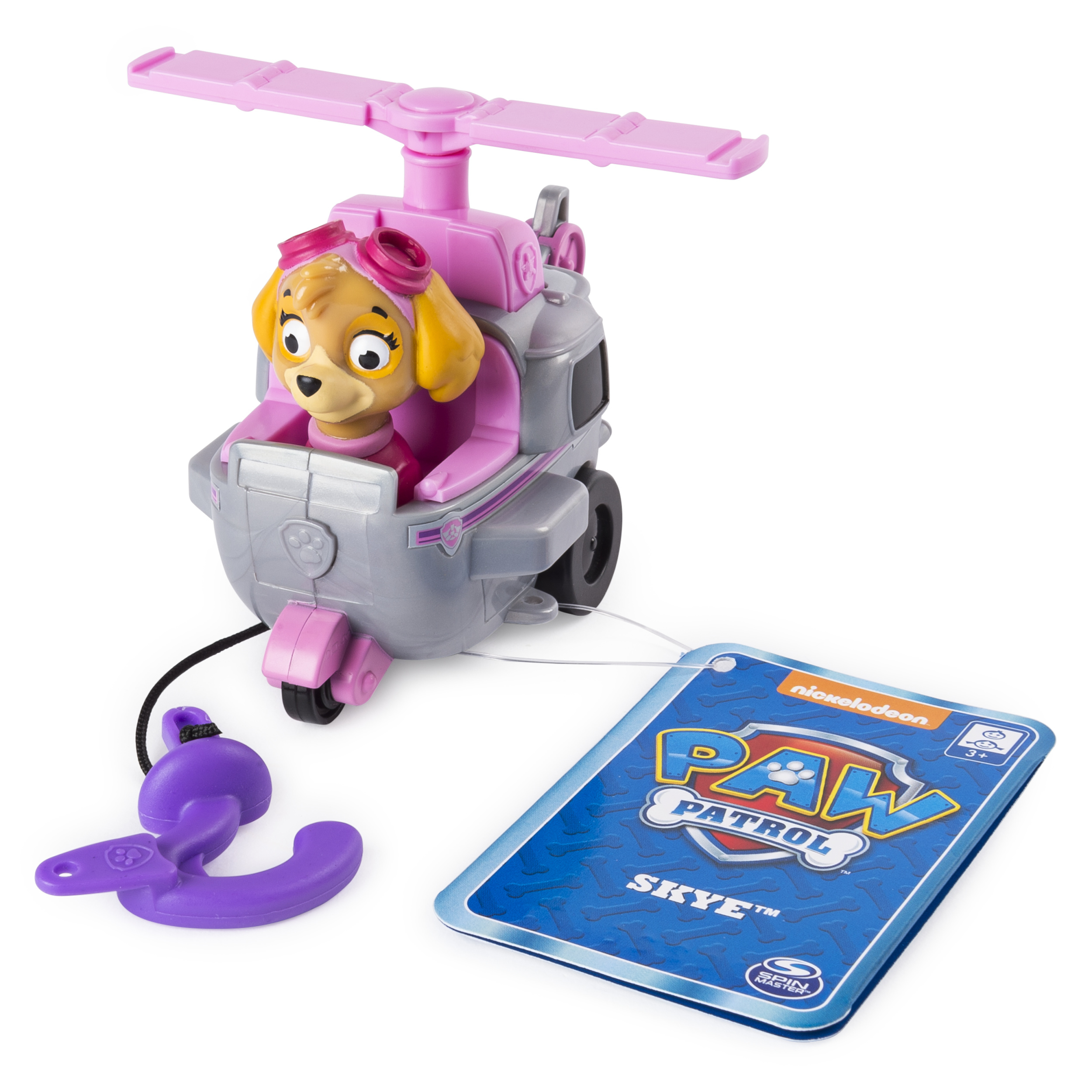 Helicóptero de juguete Skye de Paw Patrol. Helicóptero rosa y gris con figura de Skye. Fondo blanco.