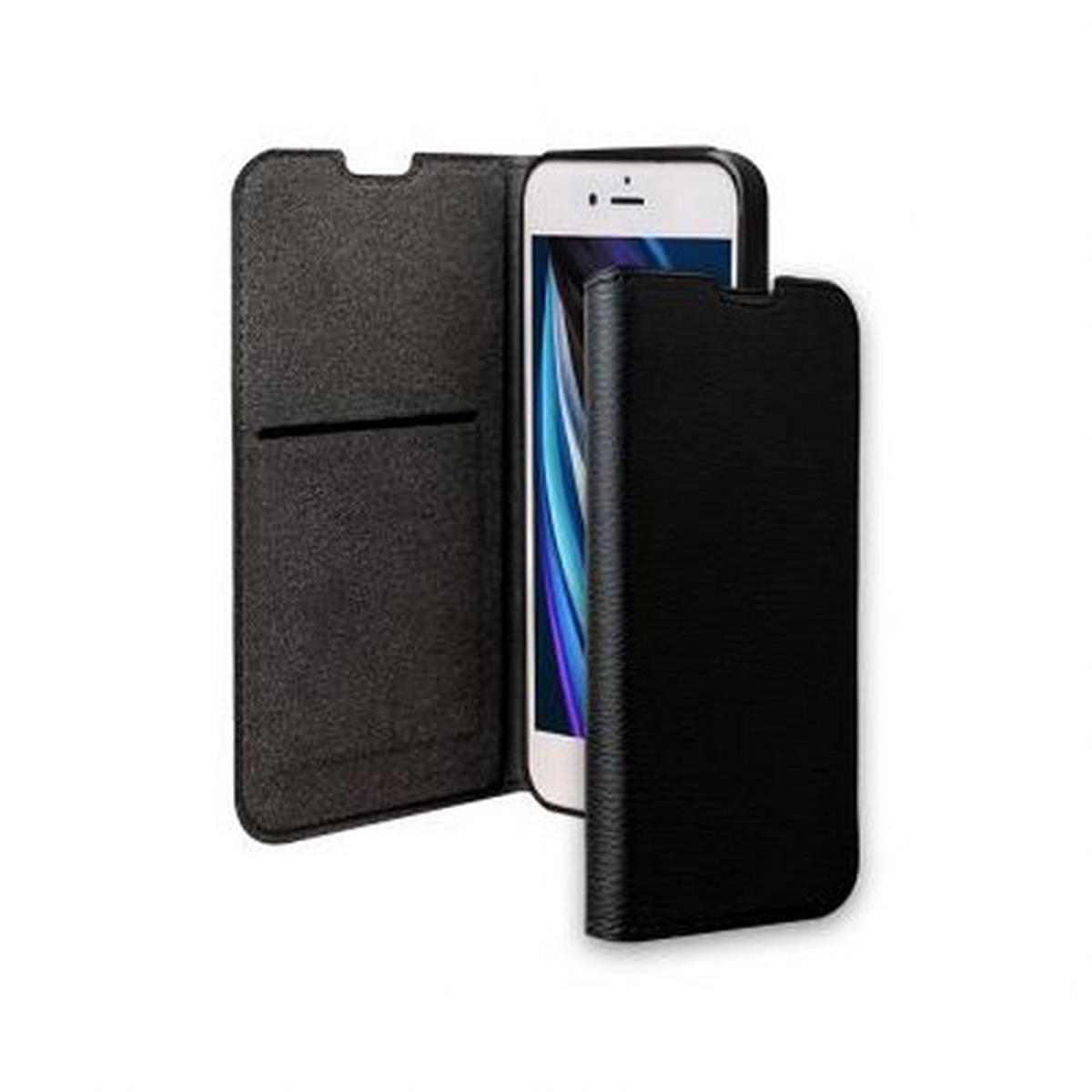 Eine schwarze Handyhülle ist offen. Ein Telefon ist innen. Die Hülle ist aus Leder. Weißer Hintergrund.