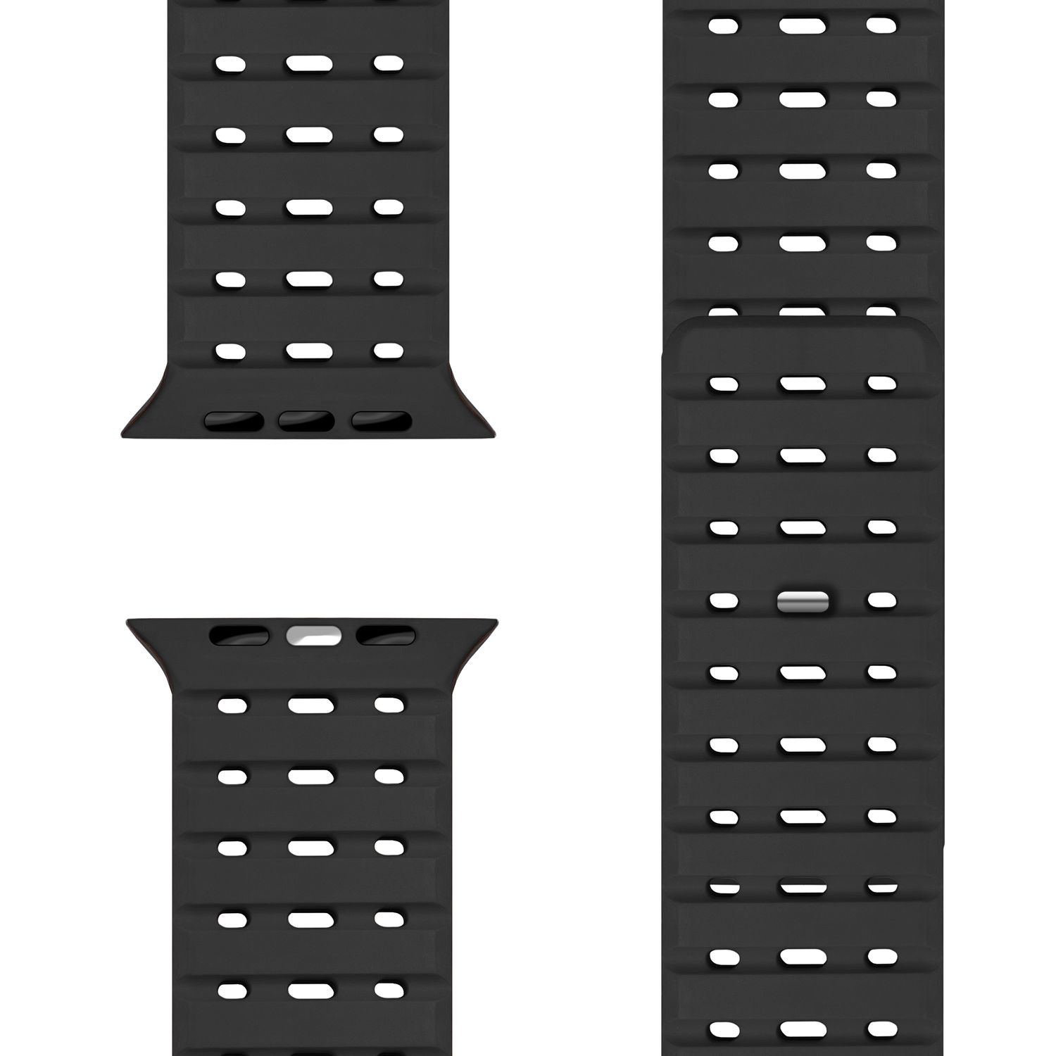 Schwarze Uhrenarmbänder mit mehreren rechteckigen Löchern. Im Detail gezeigt.