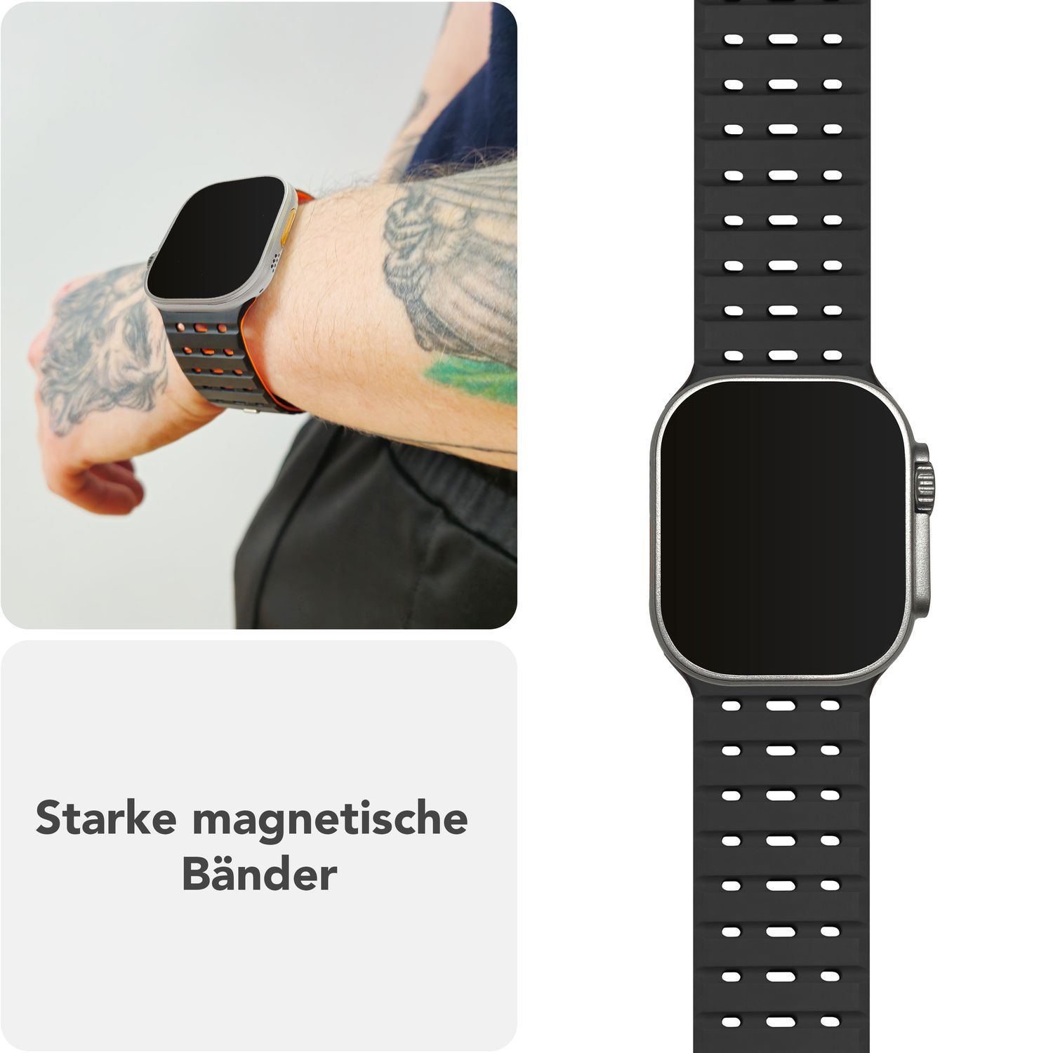 Eine Person mit Tätowierung, die eine Apple Watch mit schwarzem Armband und silbernem Gehäuse trägt.