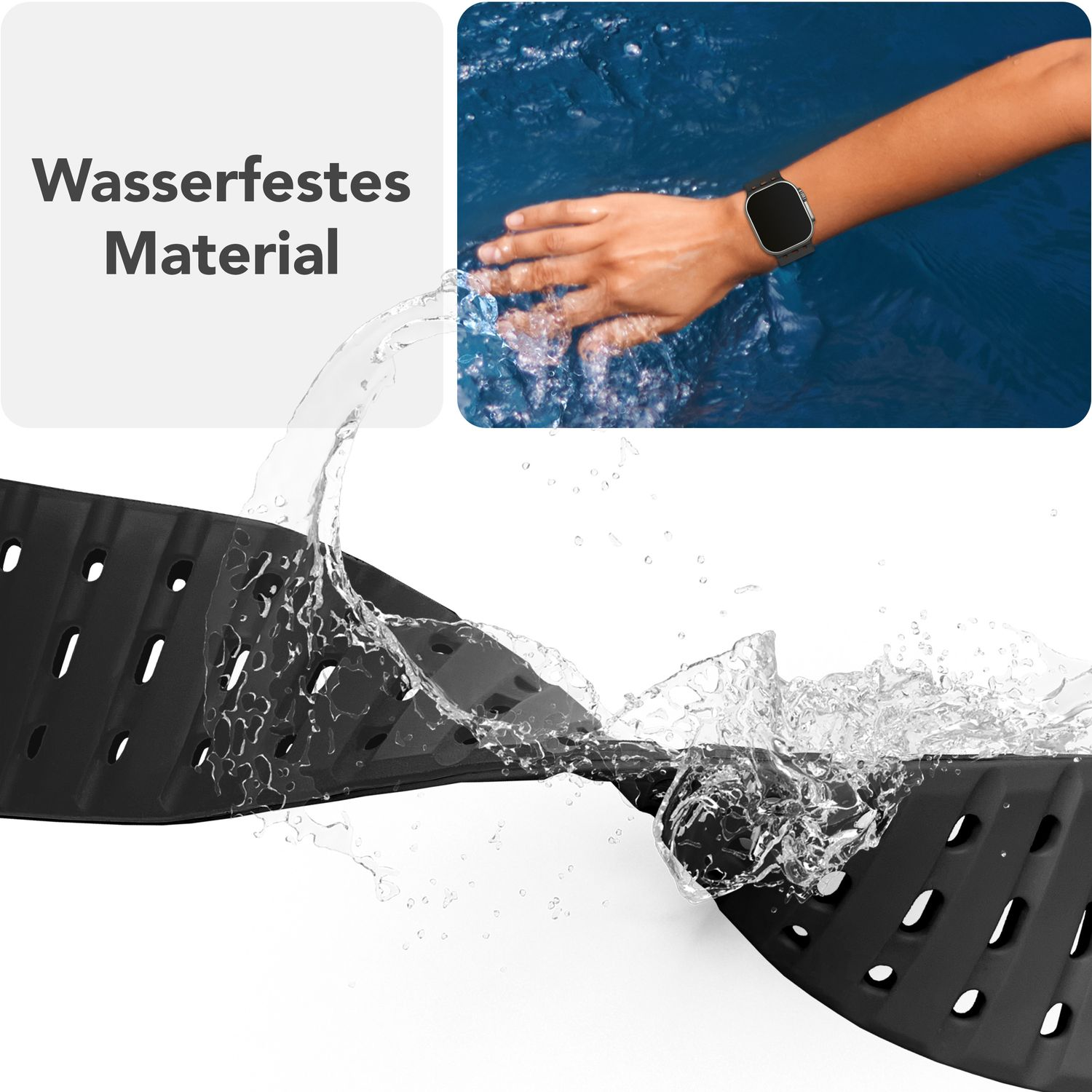 Schwarzes Apple Watch Armband mit Wasserspritzer. Weißer Hintergrund. Uhr am Handgelenk im Wasser. Text vorhanden.