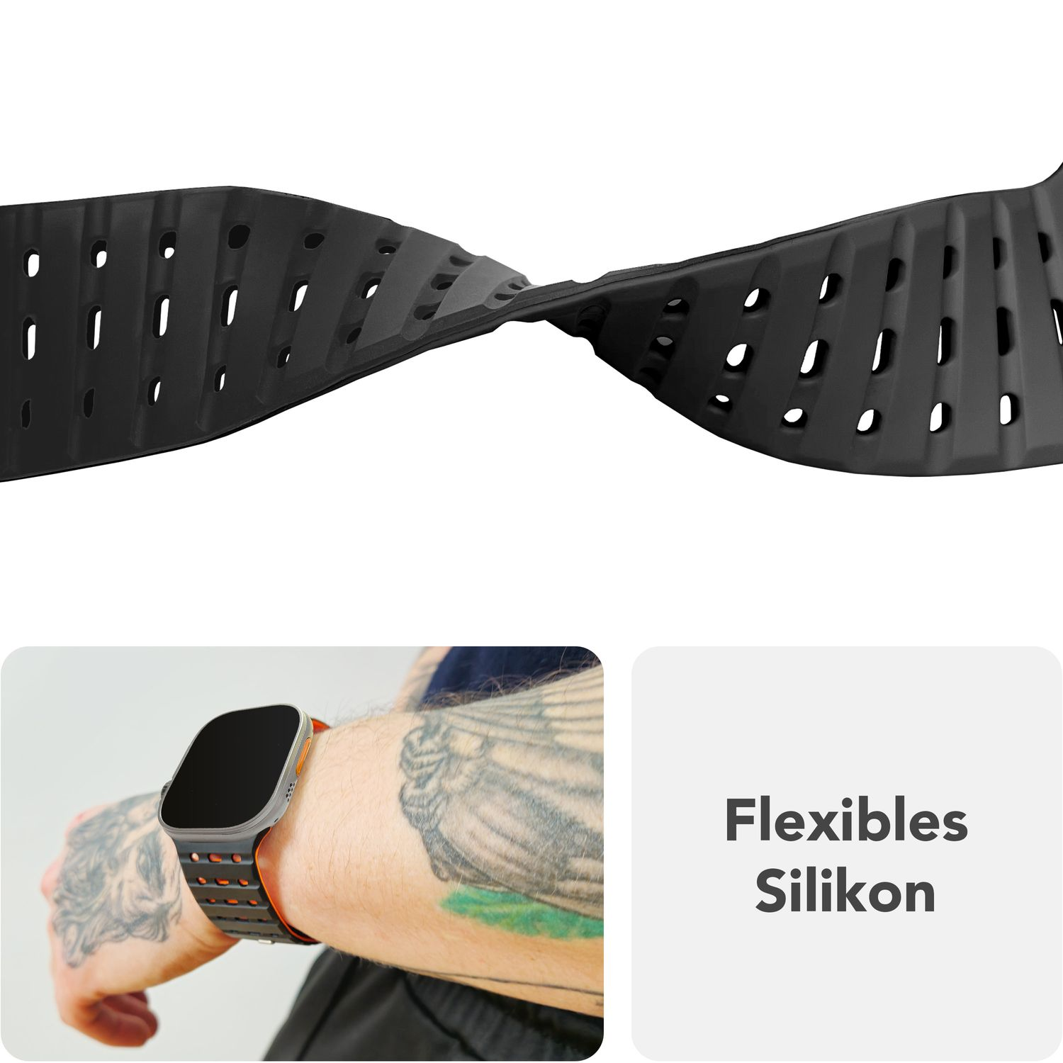 Eine Person mit Tätowierung trägt eine Apple Watch mit schwarzem Silikonarmband.