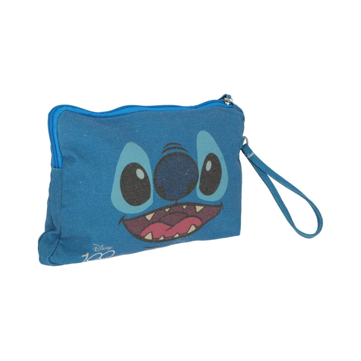 Blauer Stitch-Beutel mit Reißverschluss, Stitch-Gesicht aufgedruckt und einem blauen Riemen.