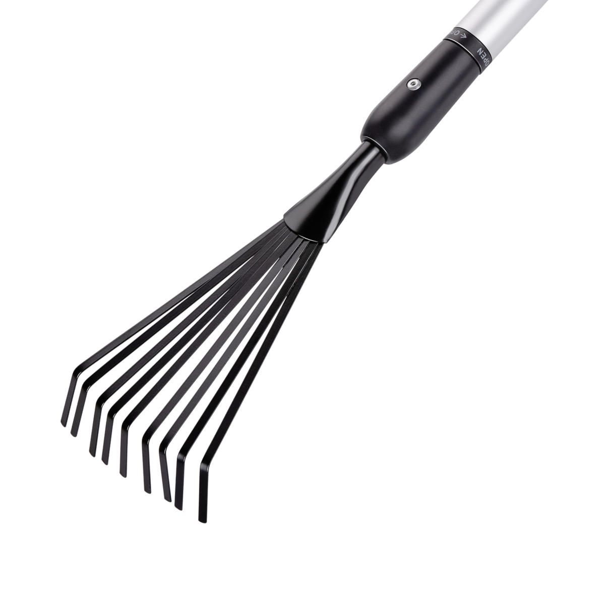 Black garden rake with thin metal prongs, on a white background.