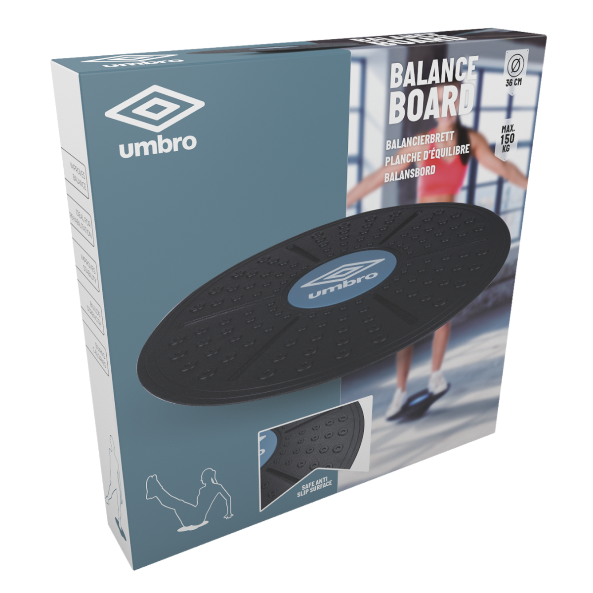 Boîte avec planche d'équilibre, logo Umbro. Une personne s'équilibre sur la planche. Texte : 'Balance Board'.