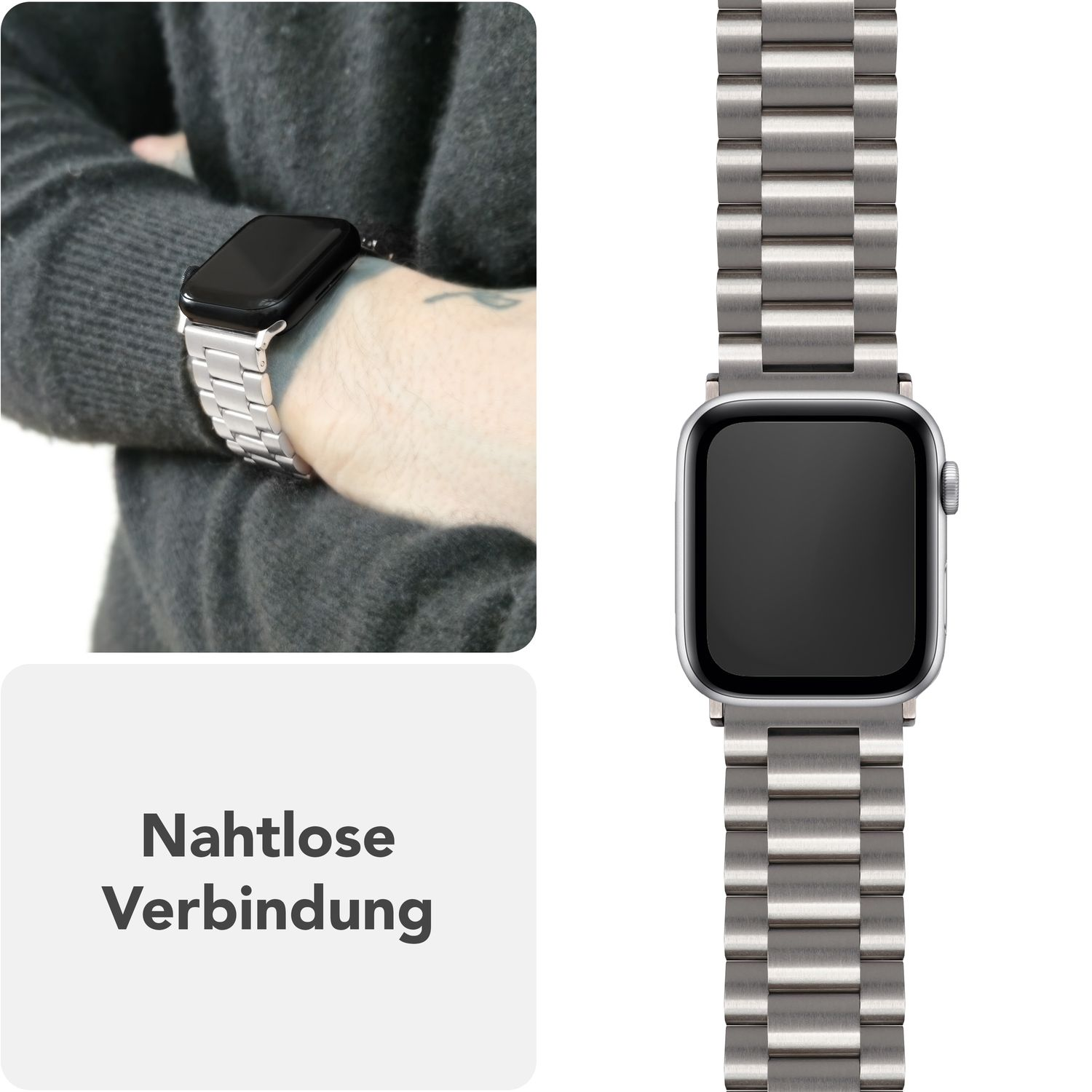 Nahaufnahme einer Uhr mit silbernem Metallarmband. Arm einer Person sichtbar. Text: 'Nahtlose Verbindung'.