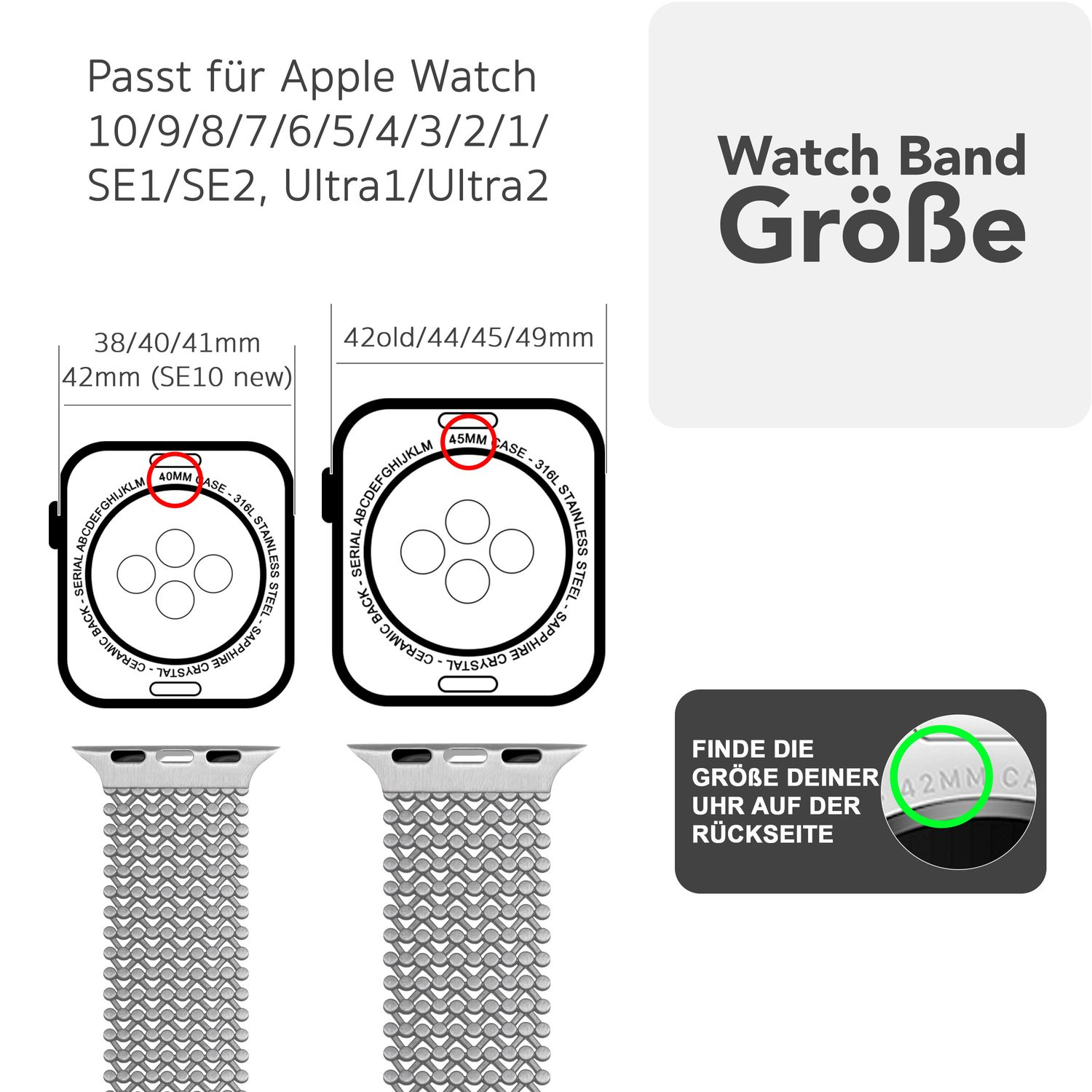 Diagramm mit Apple Watch-Größen und Armbandgrößen, Text auf Deutsch. 40 mm und 45 mm sind hervorgehoben.