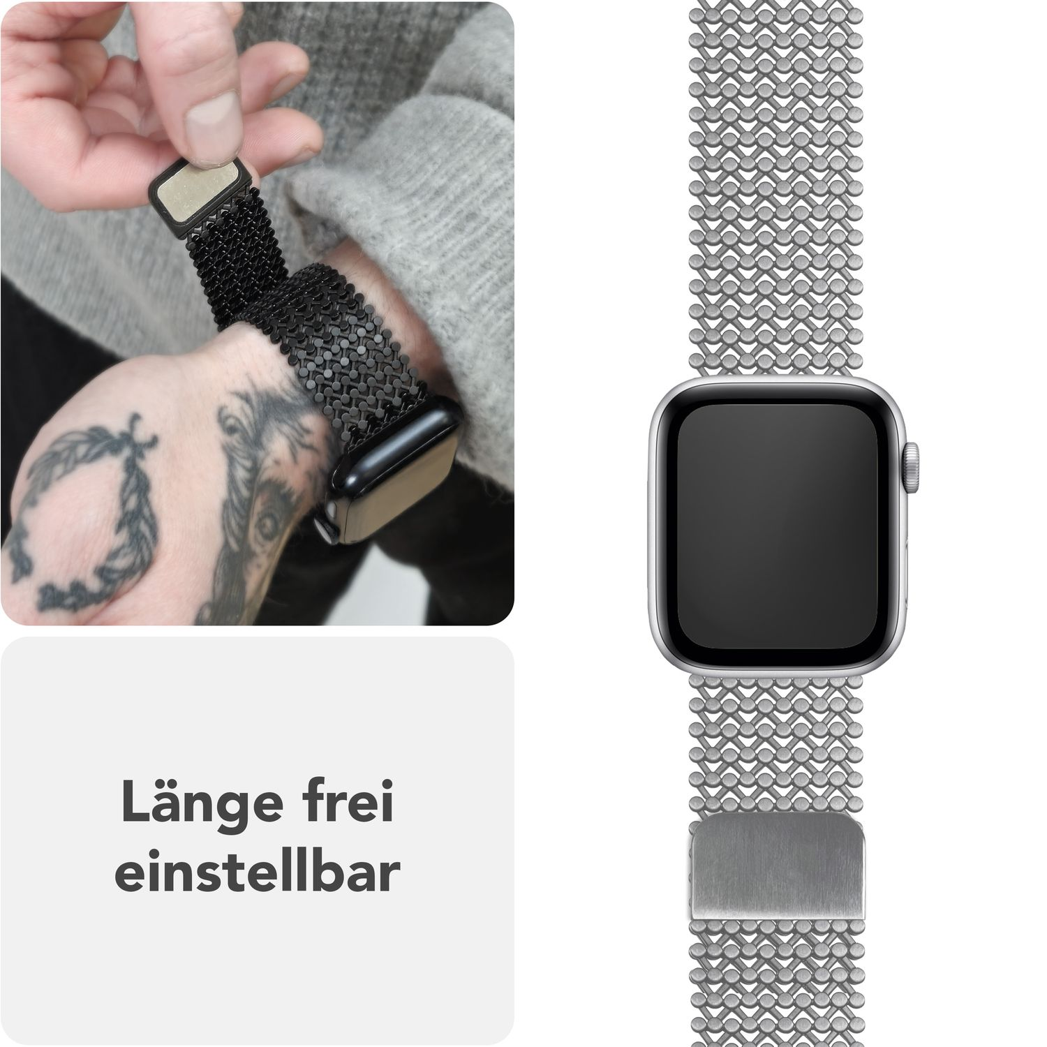 Armband, Nahaufnahme. Text: 'Länge frei einstellbar'. Eine Person stellt das Armband ein.