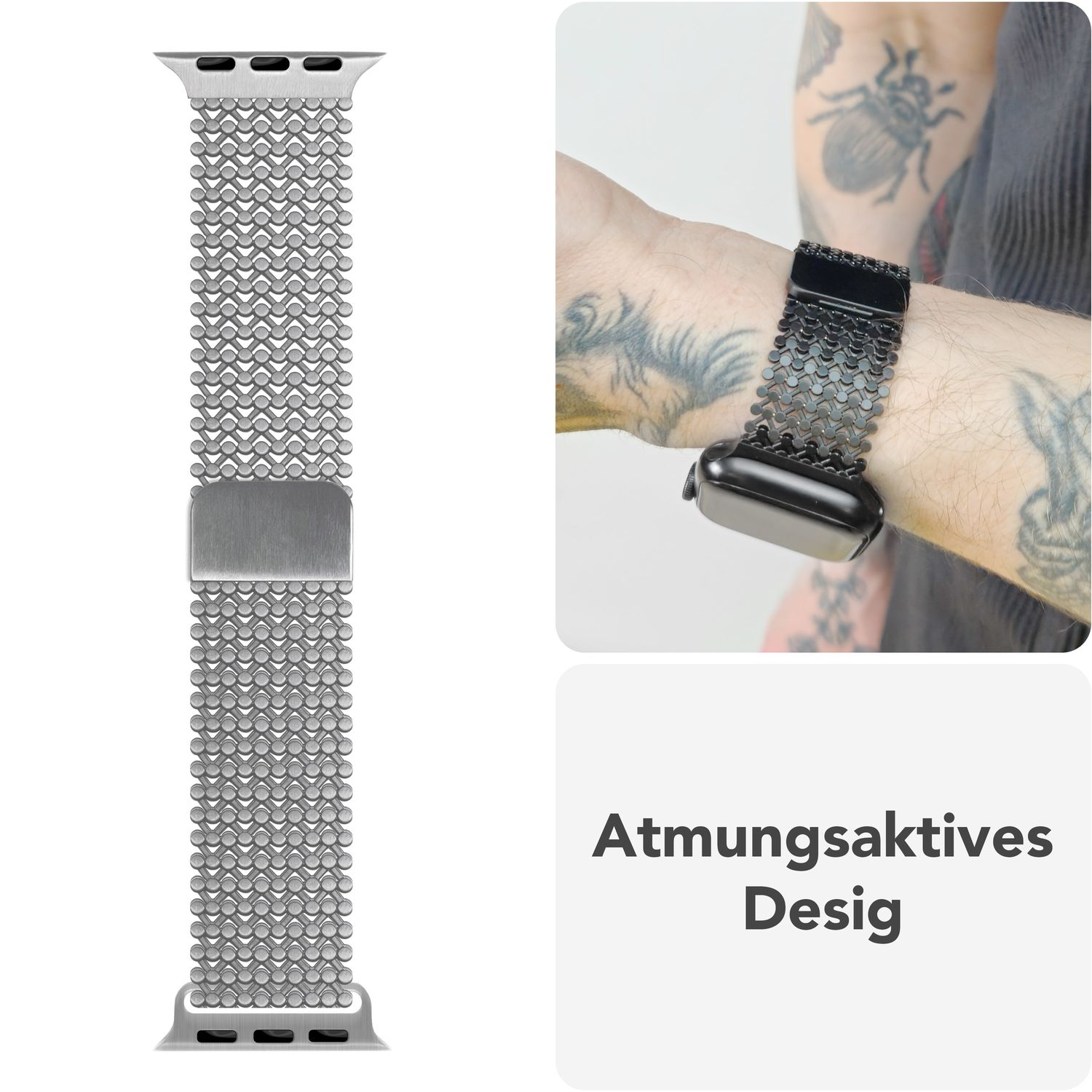 Silbernes Uhrenarmband mit Mesh-Design, separat und am Handgelenk dargestellt.