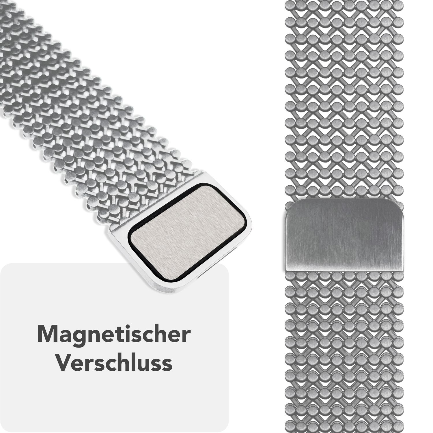 Ein silbernes Mesh-Uhrenarmband mit Magnetverschluss, das den Verschluss und die Banddetails zeigt.
