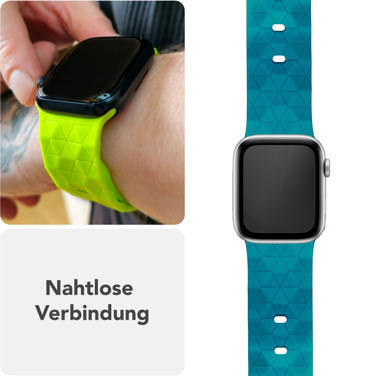 Nahaufnahme einer Uhr mit grünem, geometrischem Armband. Arm einer Person sichtbar. Text: 'Nahtlose Verbindung'.