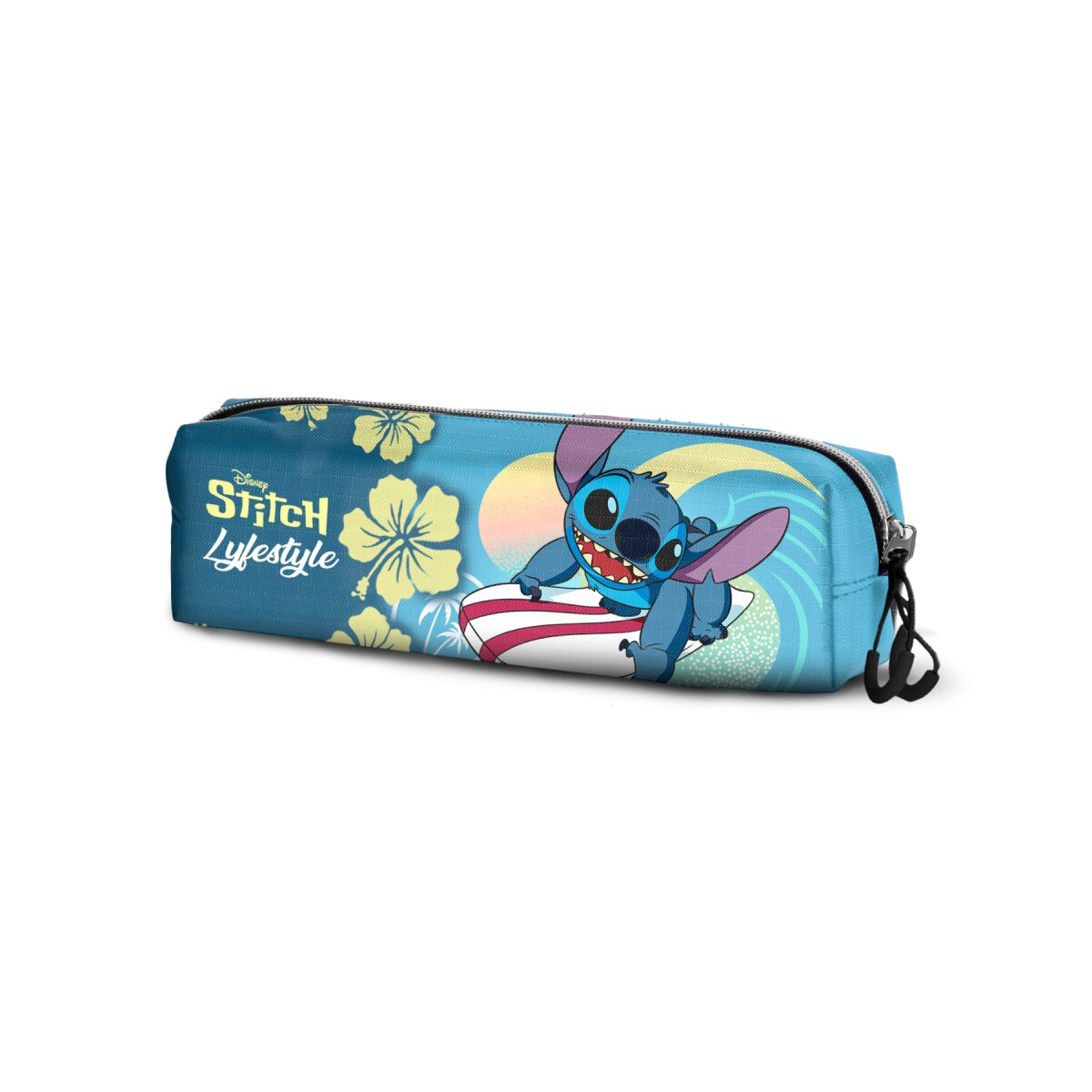 Estuche de Stitch surfeando en una ola. Colores azul y amarillo. Logotipo de Disney.