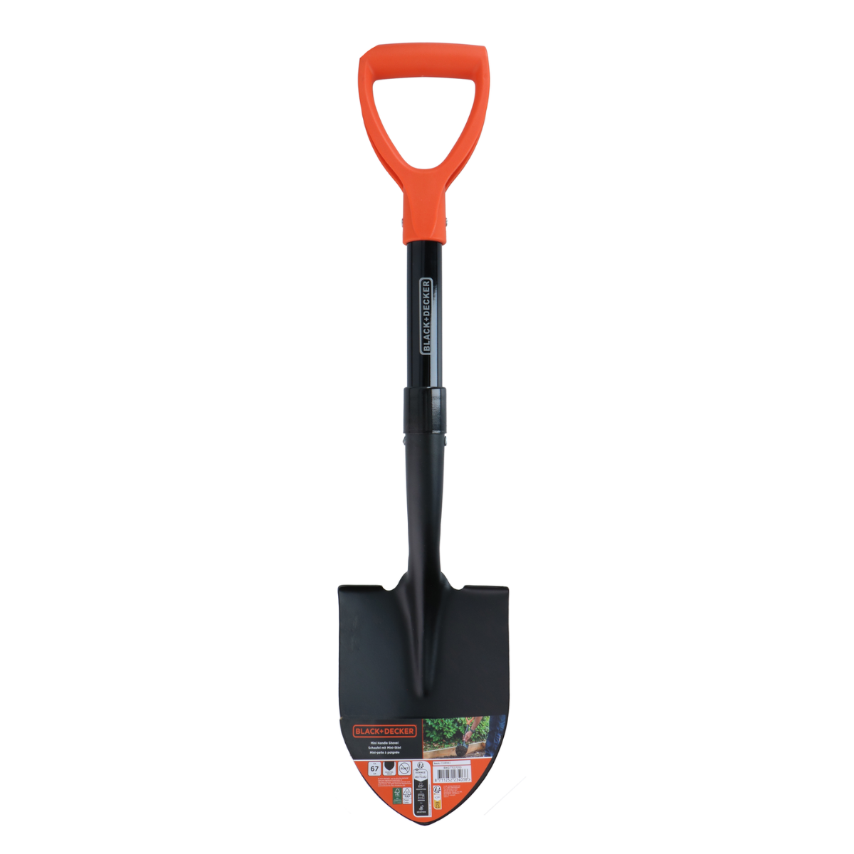 Zwarte en oranje schop met een zwarte steel en oranje handvat.