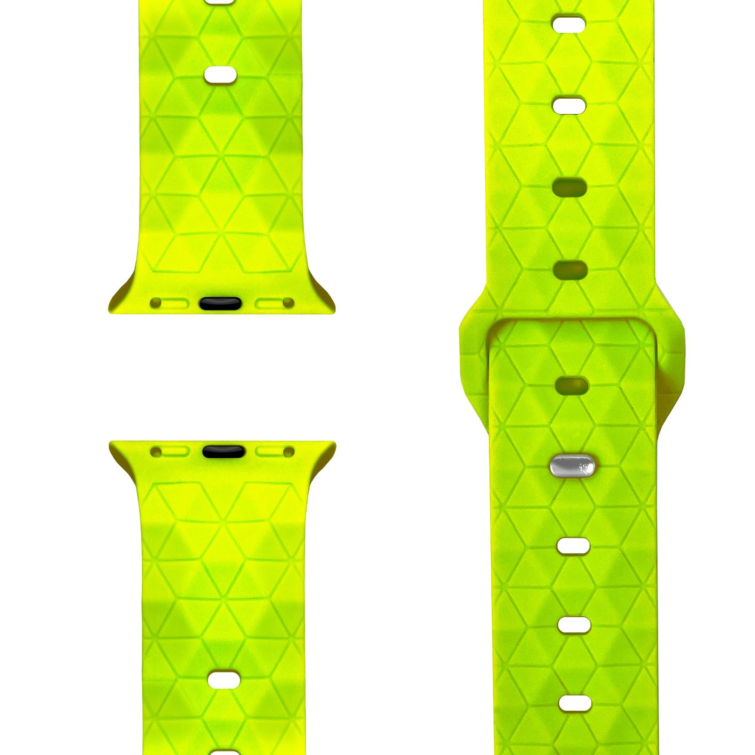 Neongrüne Uhrenarmbänder mit geometrischem Muster, vor weißem Hintergrund.