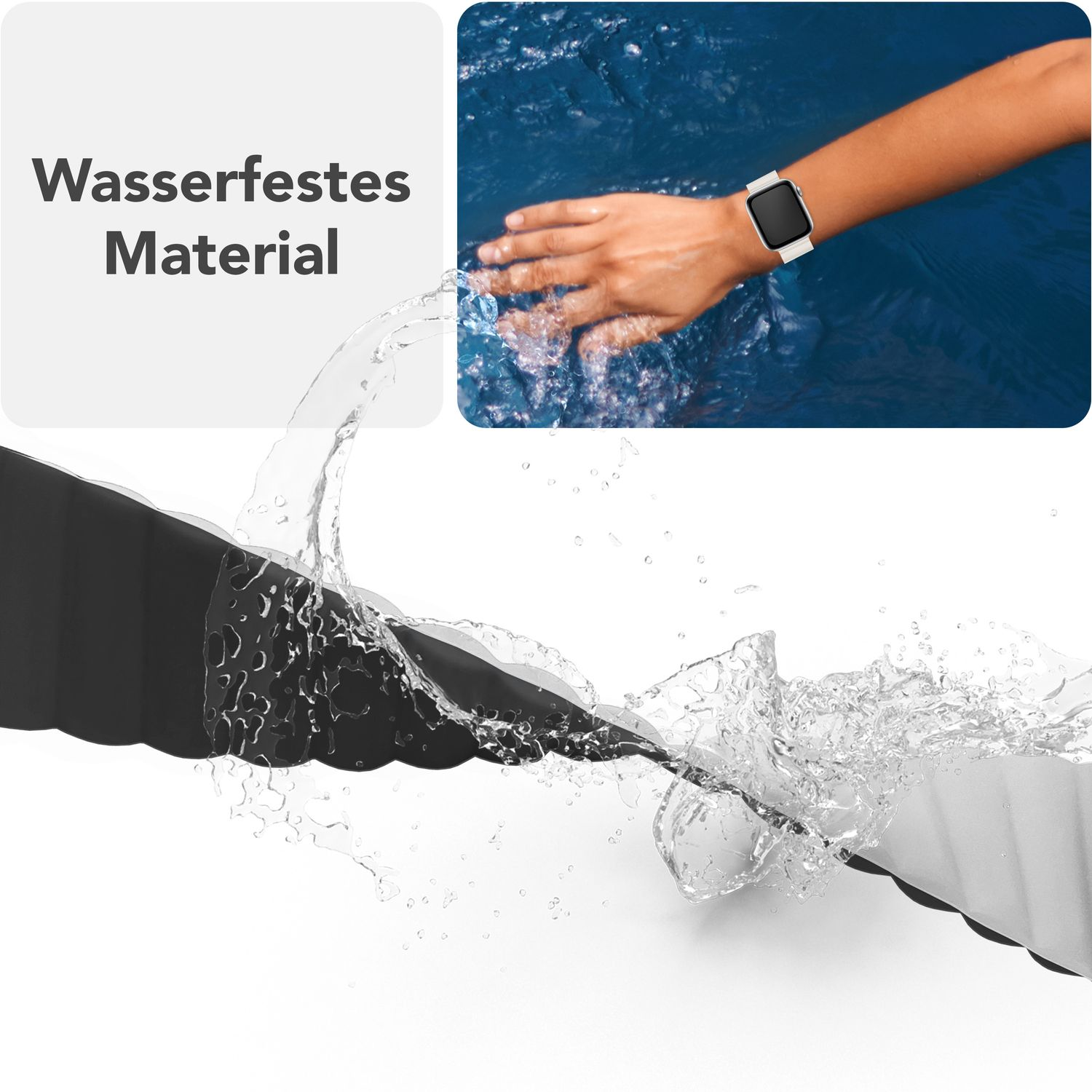 Schwarzes Uhrenarmband mit Wasserspritzern und einer Hand, die eine Uhr im Wasser trägt.