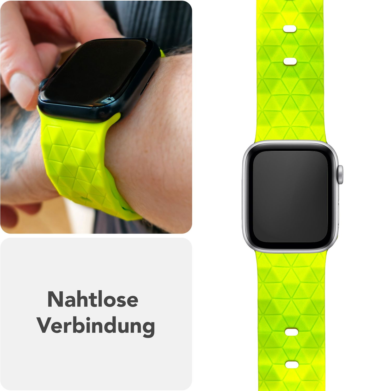 Apple Watch mit grünem Diamantmuster-Armband, am Handgelenk getragen. Text: Nahtlose Verbindung.
