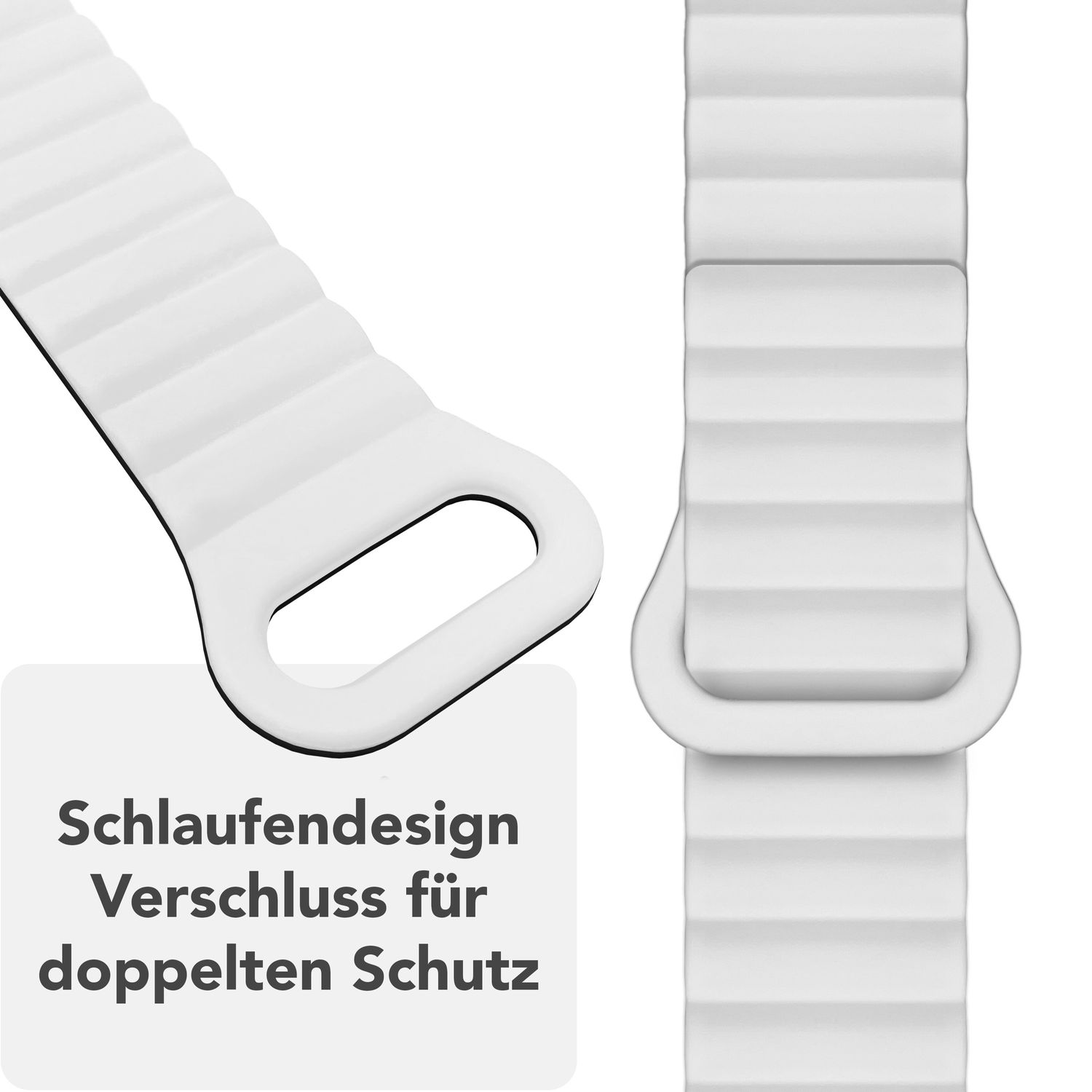Weißes Apple Watch-Armband-Detail. Nahaufnahme des Verschlusses des Armbands. Text: Schlaufendesign Verschluss für doppelten Schutz.