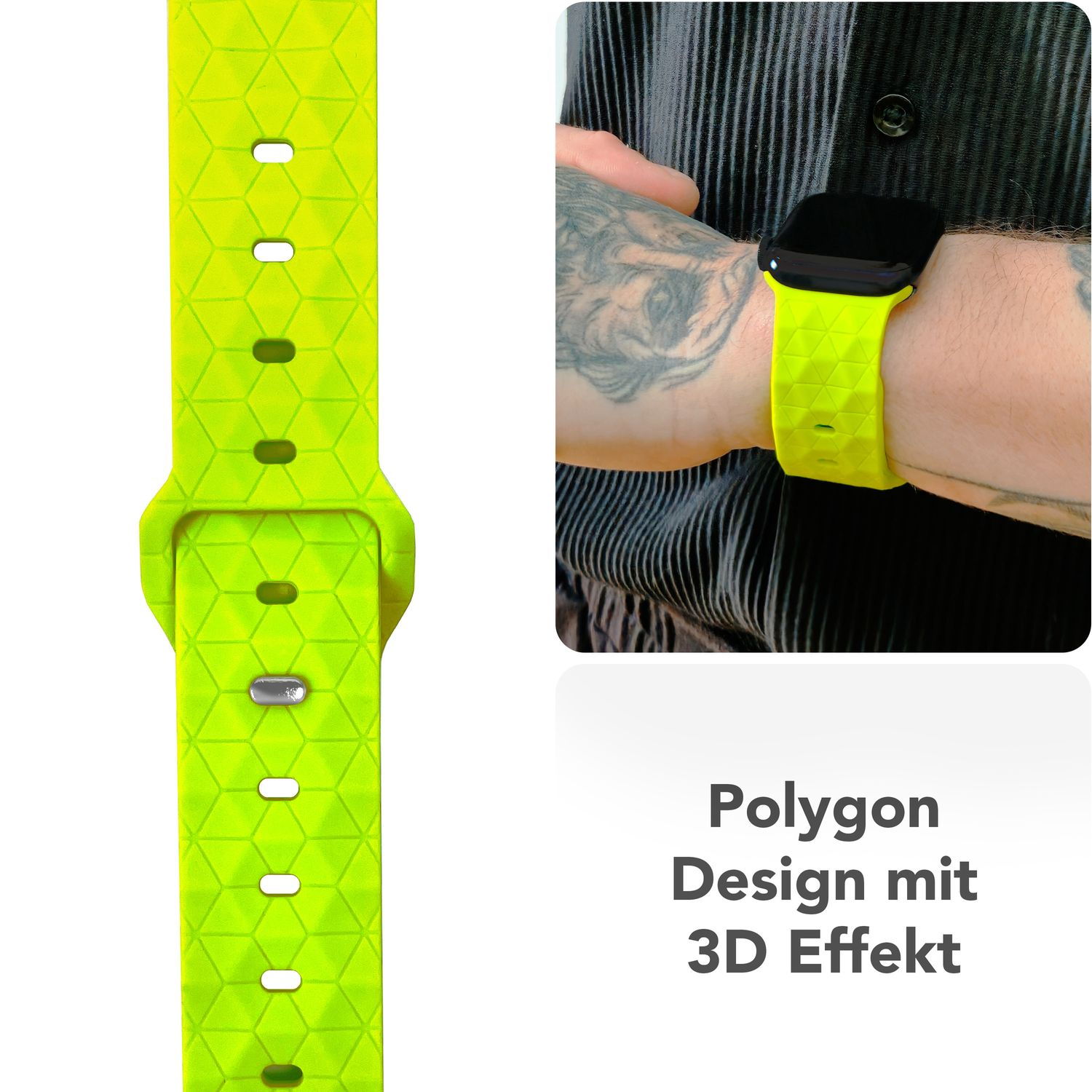 Zwei Bilder: neongrünes Uhrenarmband mit Wabenmuster und eine Person, die es trägt.