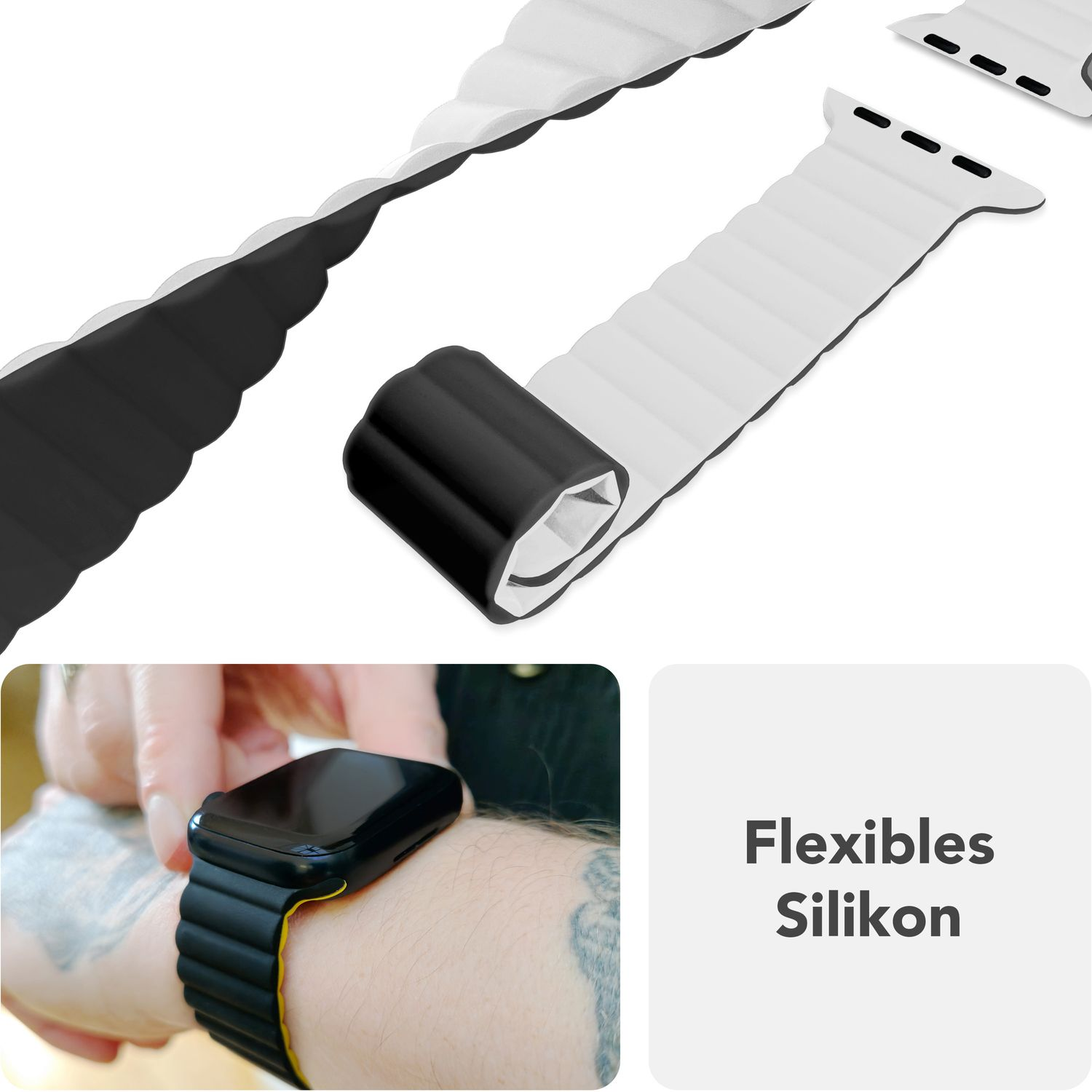 Zwei Bilder eines schwarz-weißen Uhrenarmbands. Das Band besteht aus flexiblem Silikon. Am Handgelenk gezeigt.