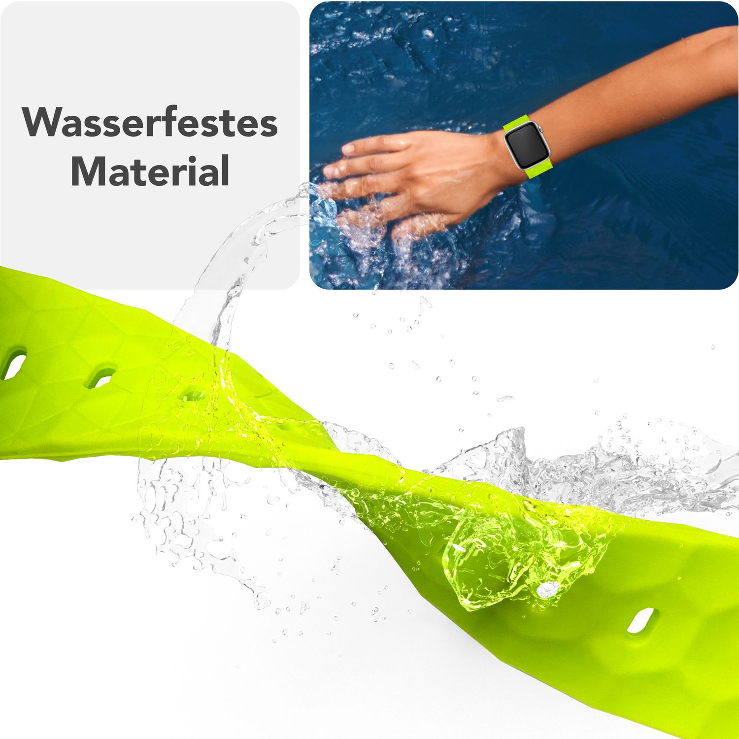 Neongrünes Uhrenarmband mit Wasserspritzern und einem Handgelenk mit Uhr im Wasser.