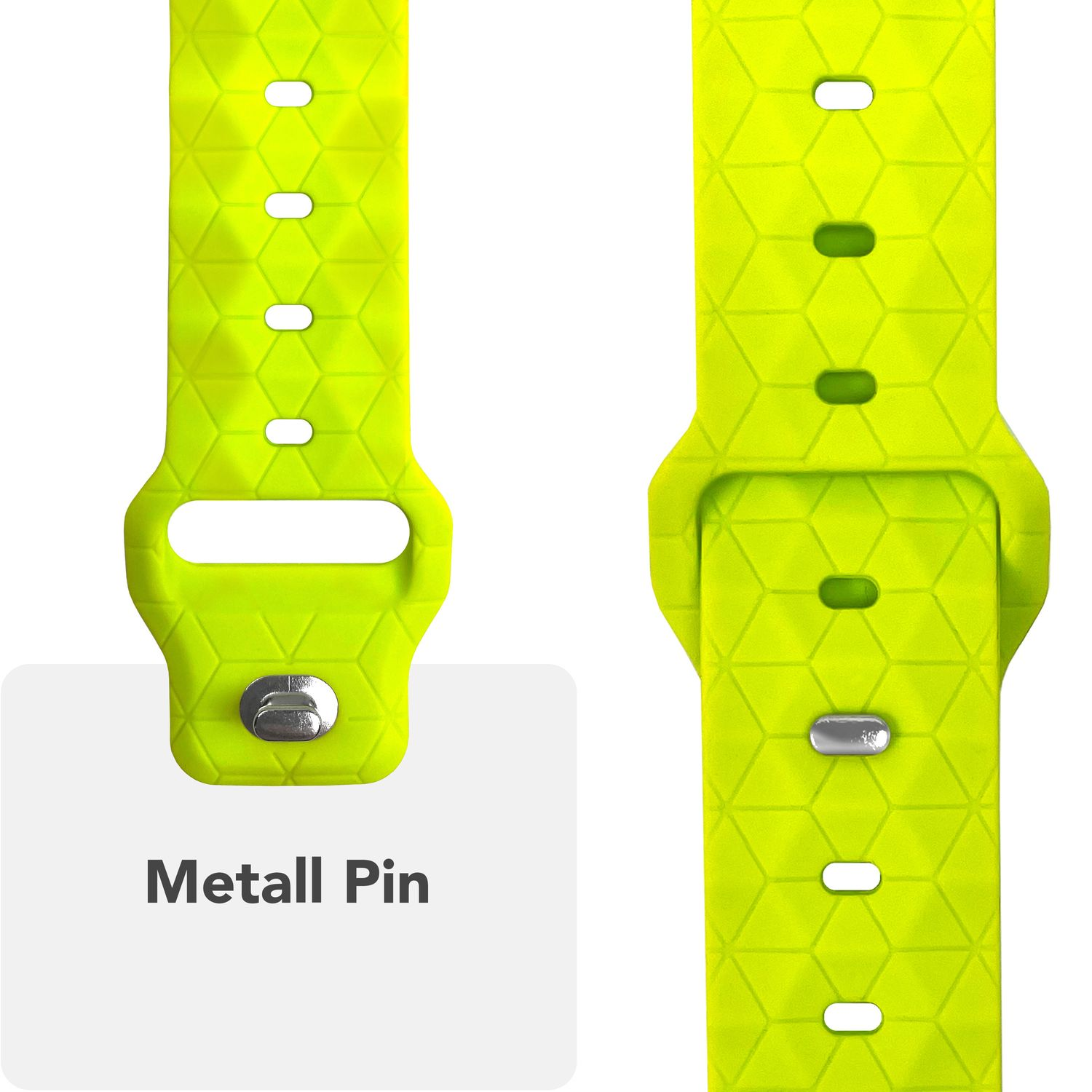 Neongrünes Uhrenarmband mit Metallstift, vor weißem Hintergrund.