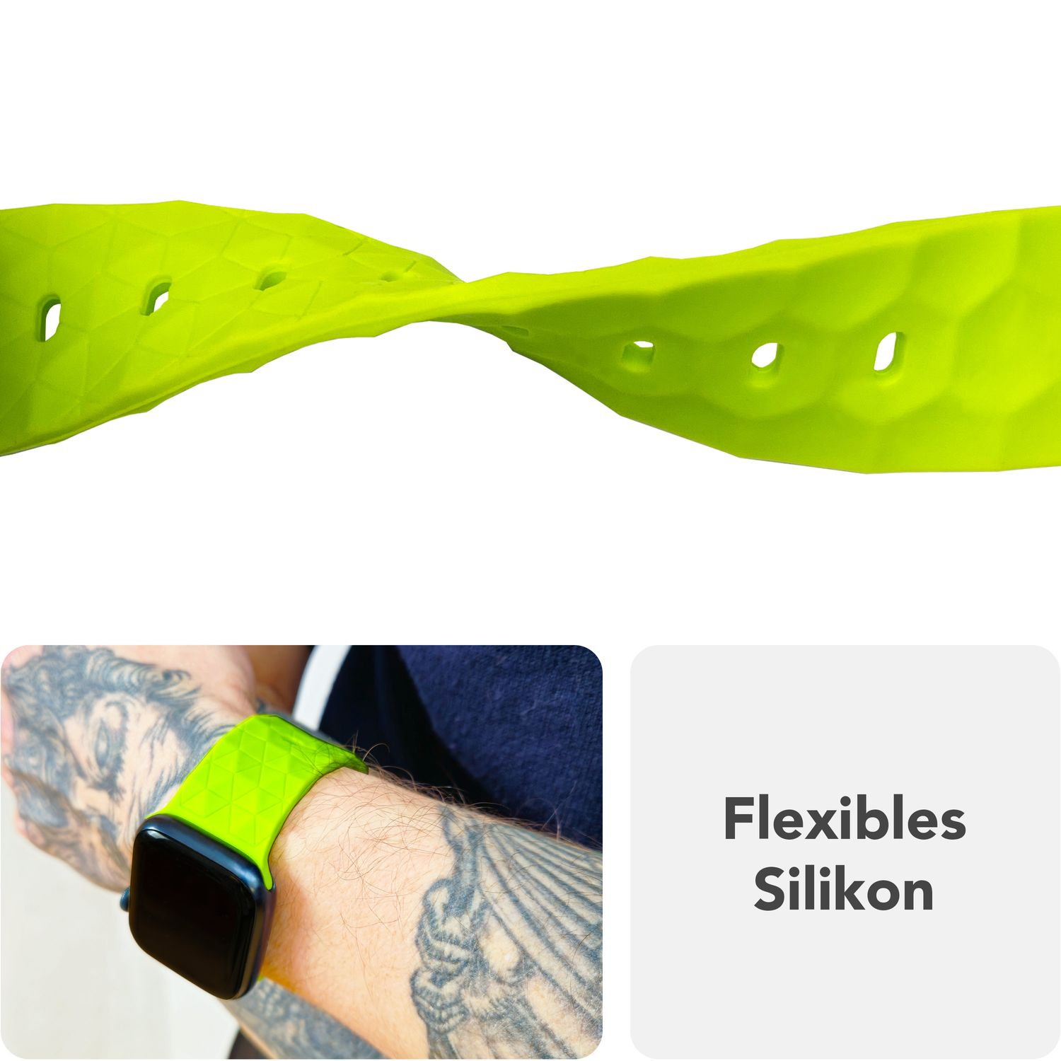 Grünes Diamantmuster-Uhrenarmband wird gebogen. Apple Watch am Handgelenk.