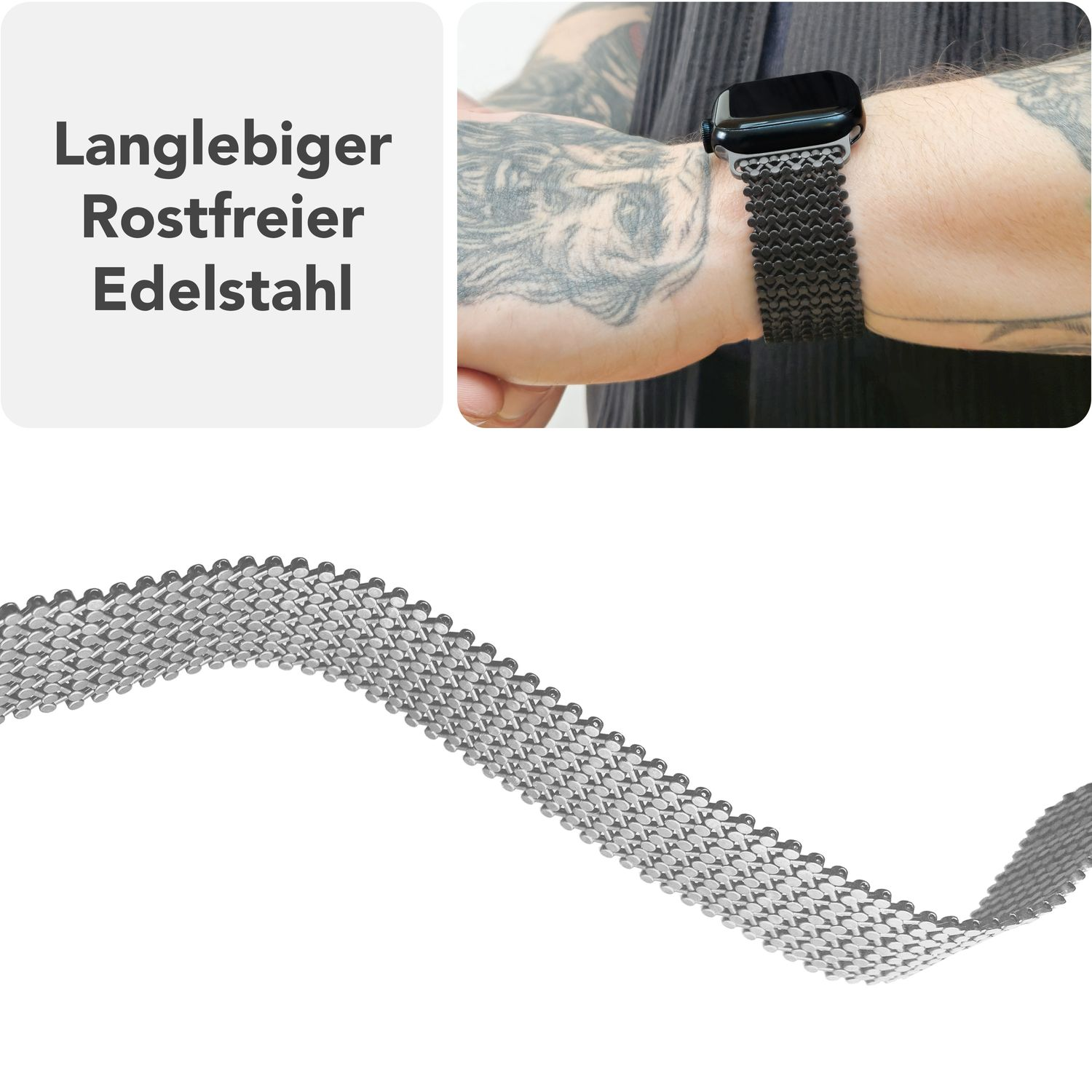 Schwarzes Apple Watch-Armband, am Handgelenk getragen. Text: Langlebiger Rostfreier Edelstahl. Banddetail.