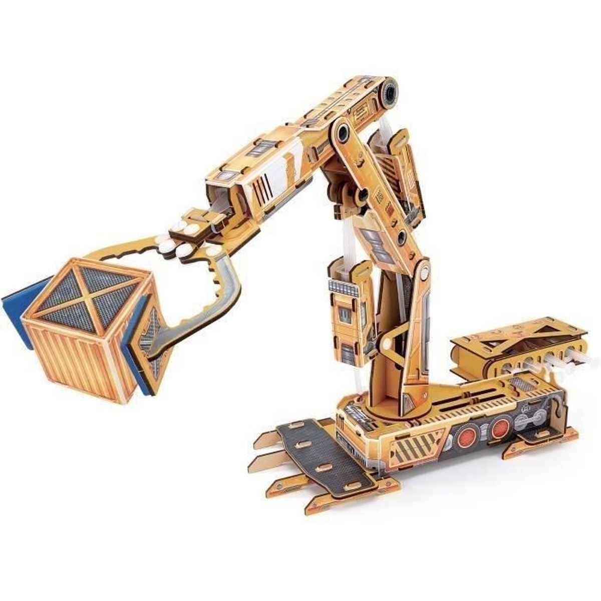 Un giocattolo di costruzione in legno con un braccio robotico che tiene una scatola.