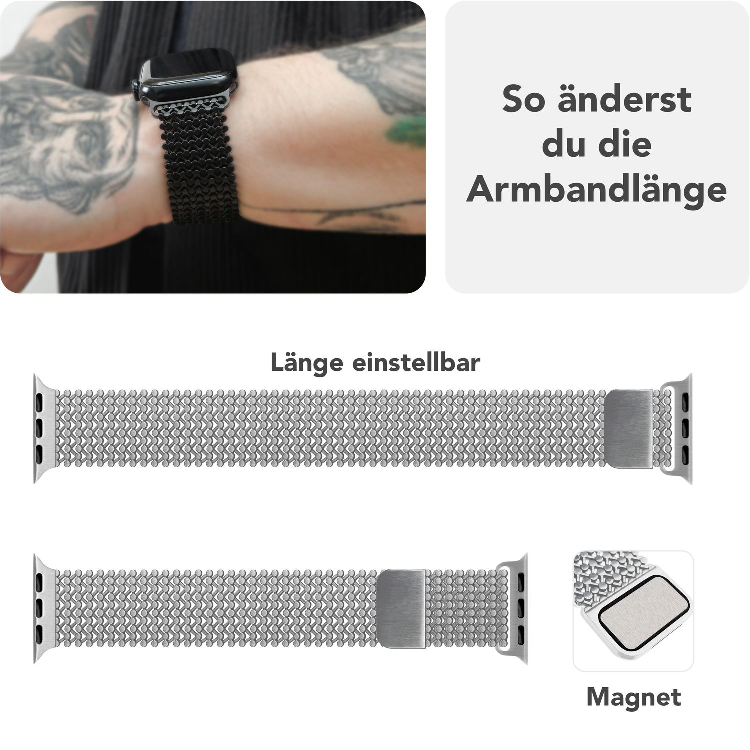 Silbernes Apple Watch-Armband mit verstellbarer Länge. Armband am Handgelenk. Text: Magnet, Länge einstellbar.