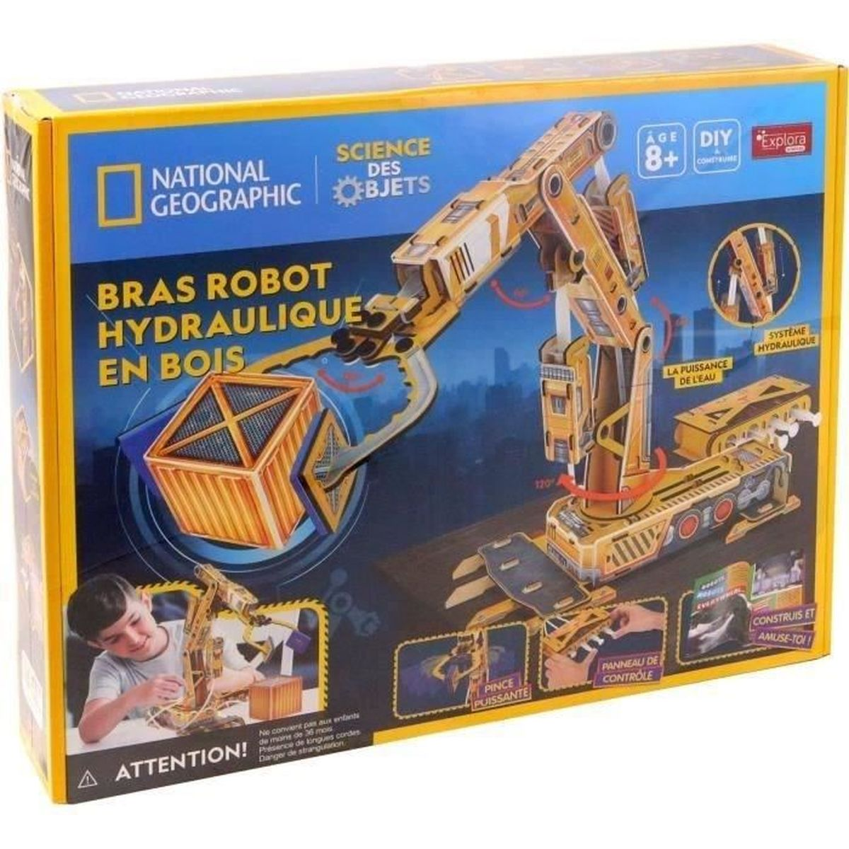 Scatola di un giocattolo a braccio robotico idraulico in legno. Contiene testo e immagini.