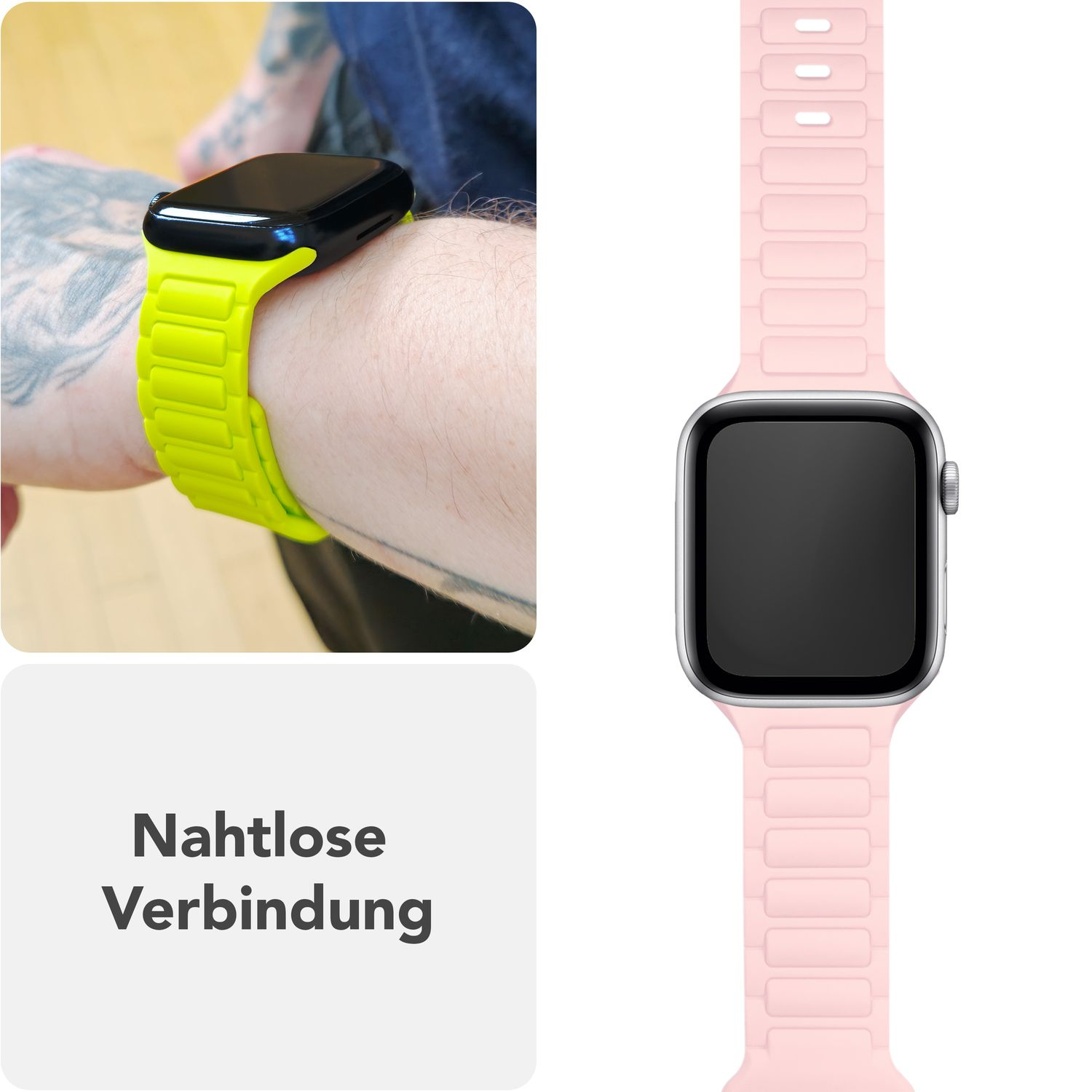 Rosa Uhrenarmband am Handgelenk. Eine schwarze und gelbe Uhr am Handgelenk wird gezeigt.