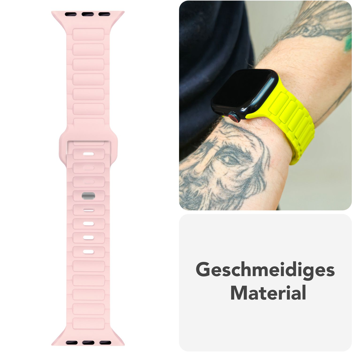 Rosa Apple Watch-Armband links. Ein Handgelenk zeigt rechts ein gelbes Armband.