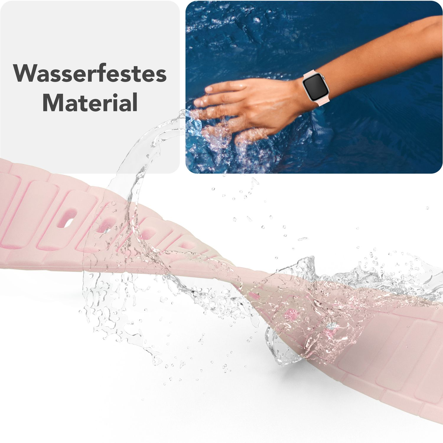 Rosa Uhrenarmband mit Wassertropfen. Ein Handgelenk mit rosa Uhr im Wasser.