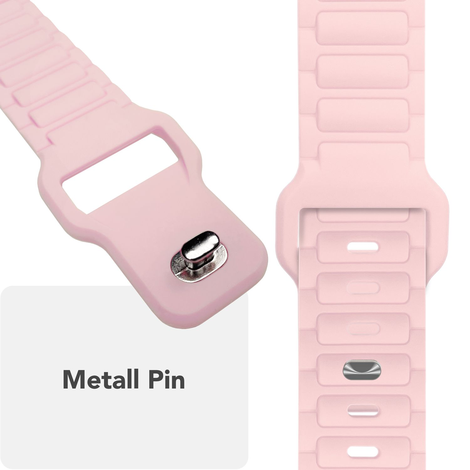Nahaufnahme eines hellrosa Armbands mit Metallstift und den Worten 'Metall Pin'.