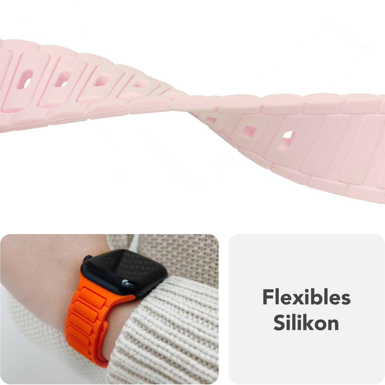 Rosa Armband biegt sich, mit einer orangefarbenen Uhr am Handgelenk. Text: 'Flexibles Silikon'.