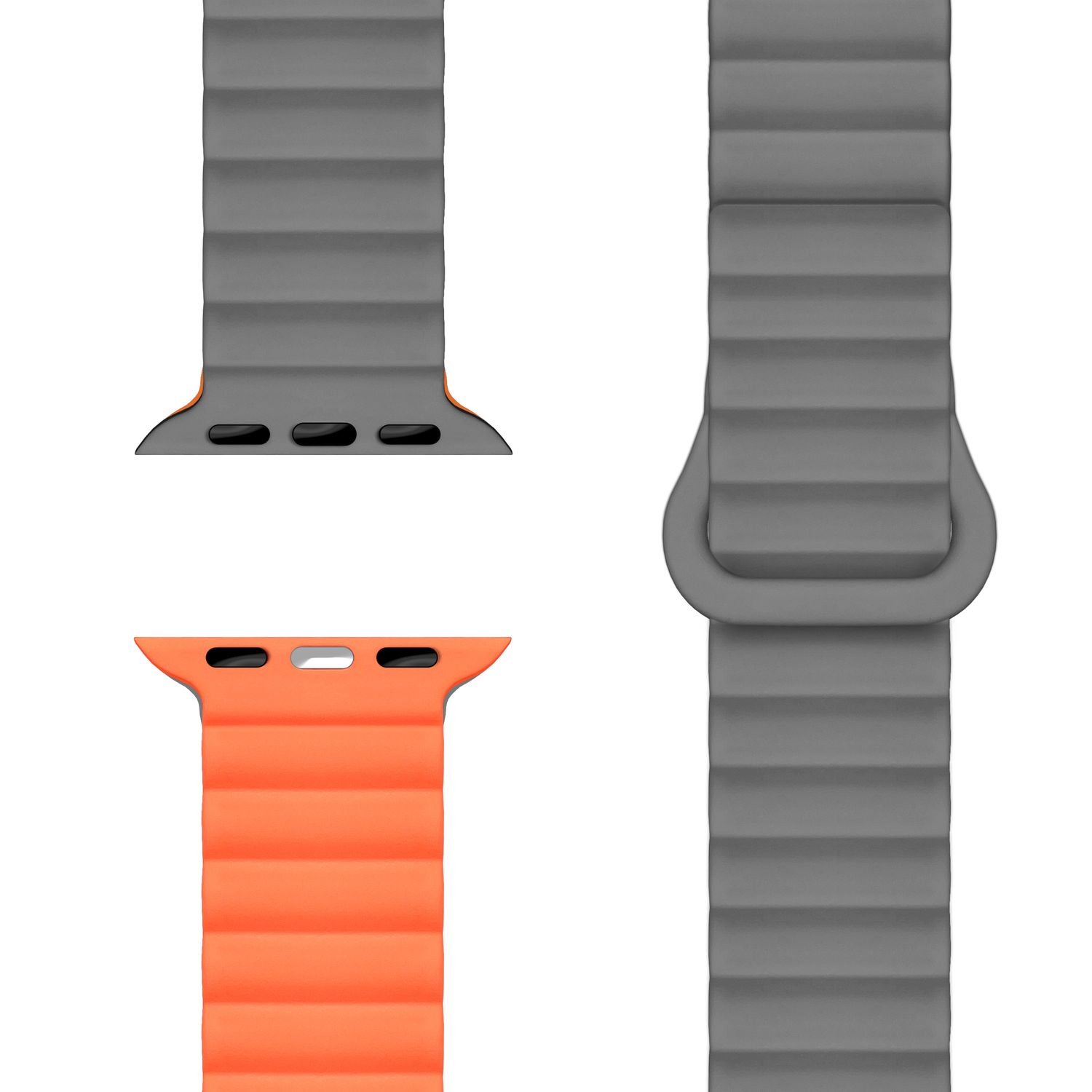 Graues und orangefarbenes Apple Watch-Armband. Nahaufnahme des Designs des Armbands.