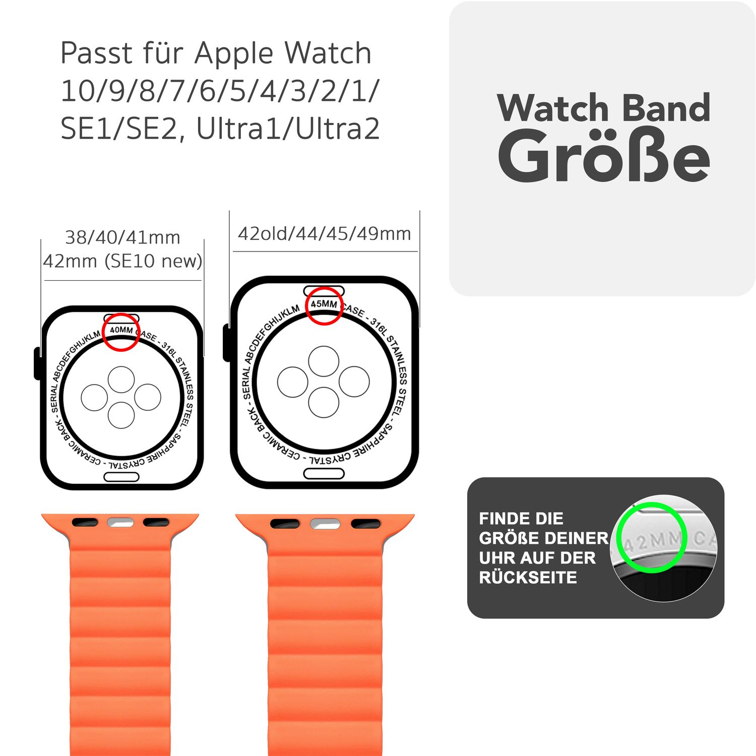 Diagramm zeigt Uhrengrößen und Armbandgrößen, mit Text auf Deutsch.