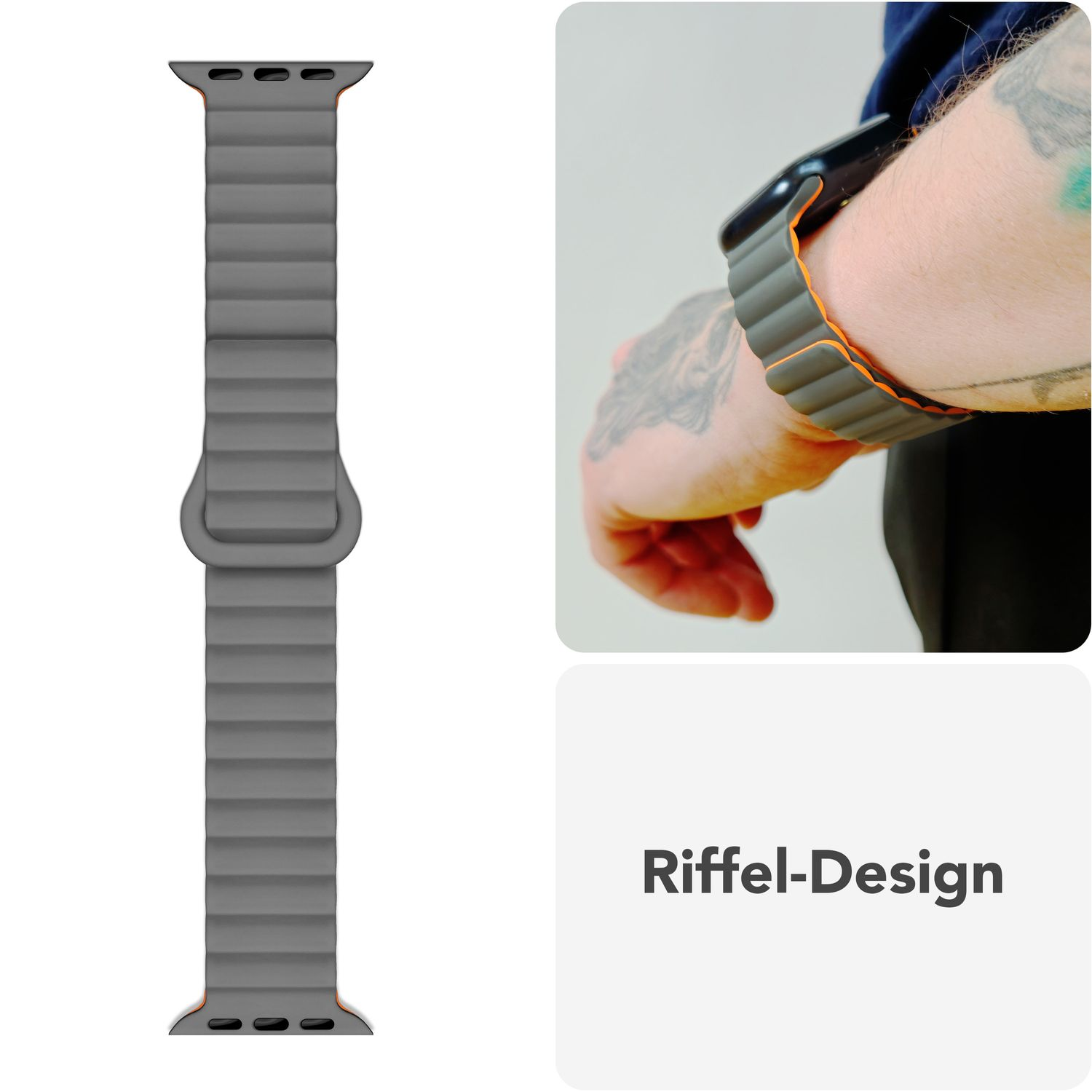 Nahaufnahme eines grauen Apple Watch Armbands. Ein Armband mit orangefarbenen Details.