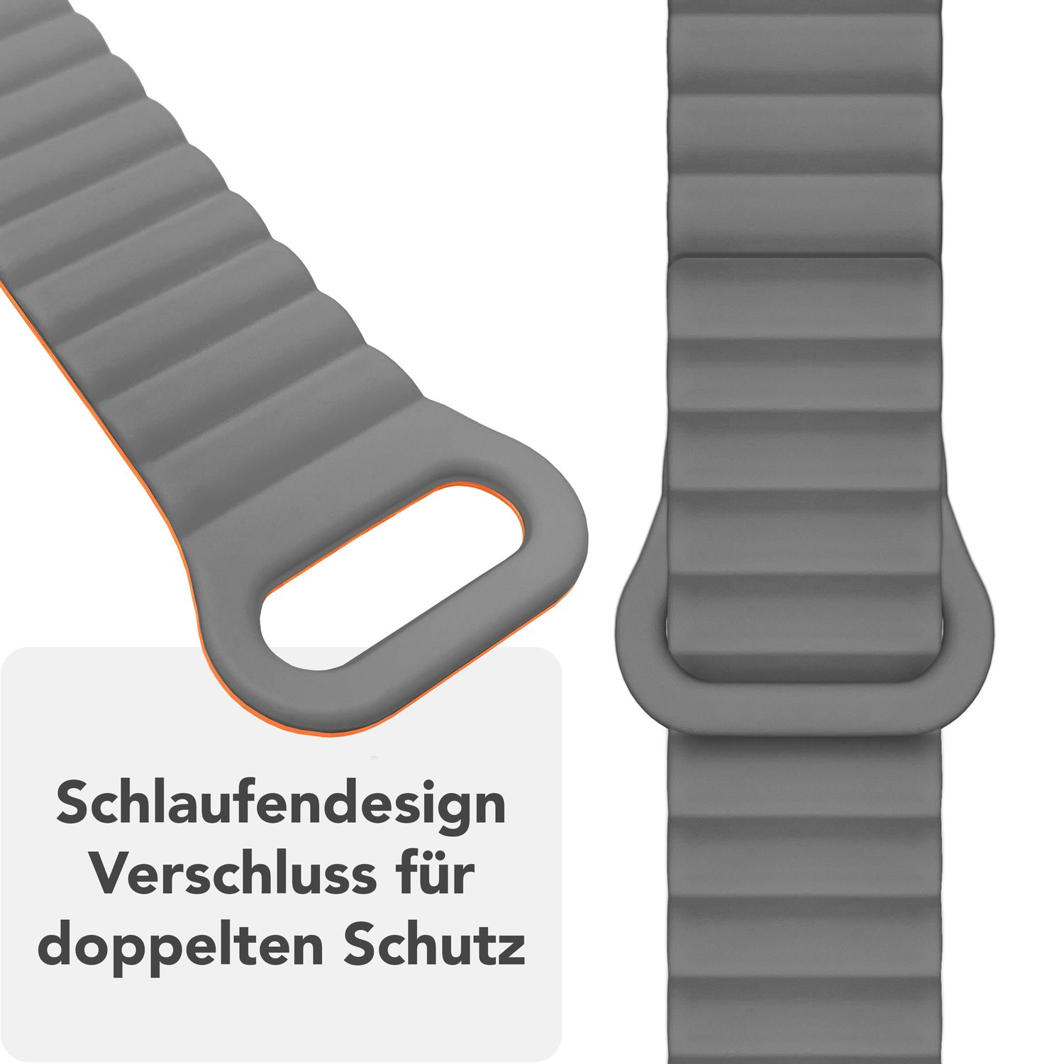 Graues Uhrenarmband, Schlaufendesign für doppelten Schutz.