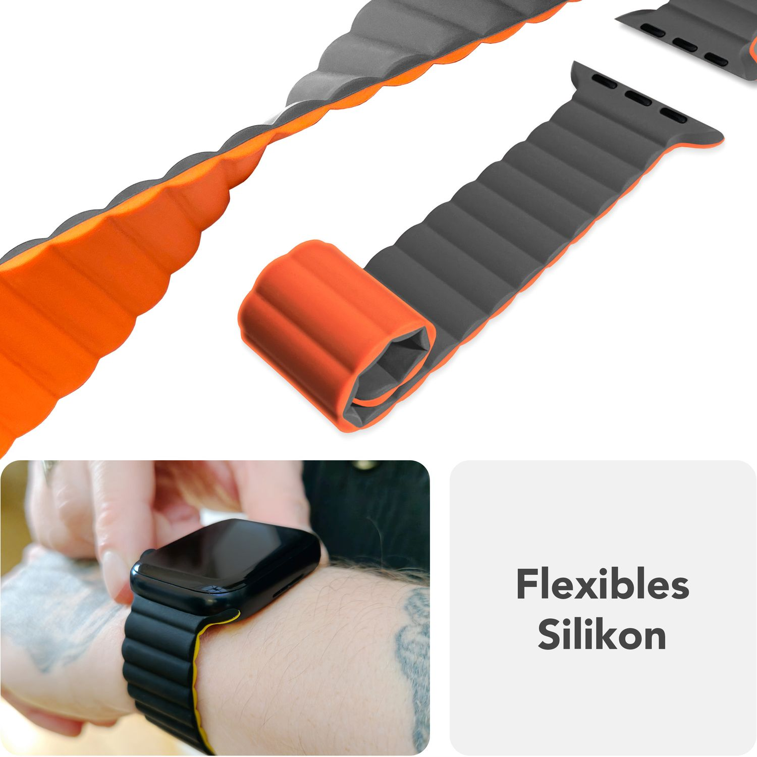 Armbanddetail. Orange-graues Band, Text: 'Flexibles Silikon'.