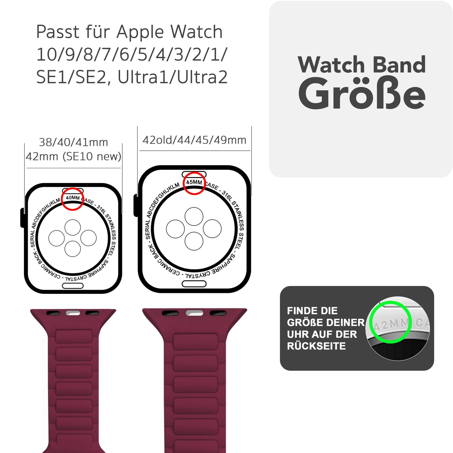 Diagramm mit Apple Watch-Bandgrößen und Abmessungen in mm.