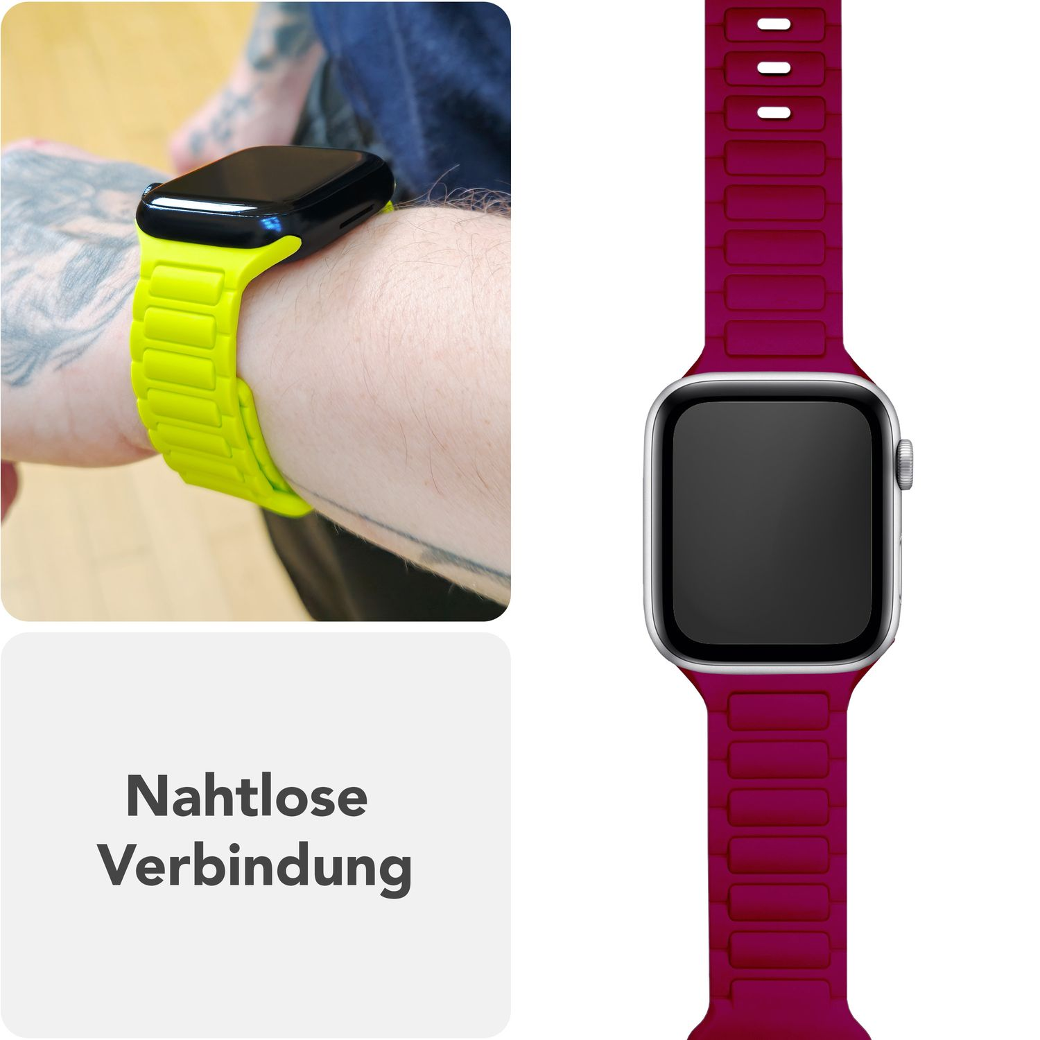 Grünes Uhrenarmband am Handgelenk. Rotes Uhrenarmband. Text: Nahtlose Verbindung.