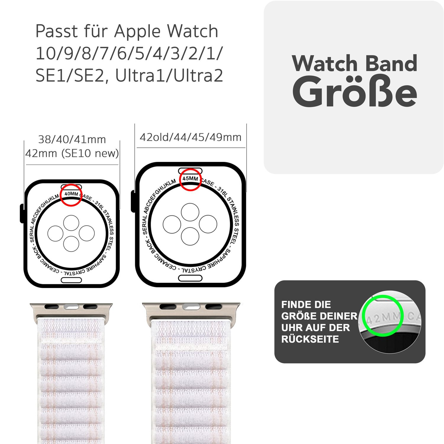 Diagramm der Apple Watch-Größen: 38-49mm. Text: Armbandgröße. Enthält Armbandbeispiele.