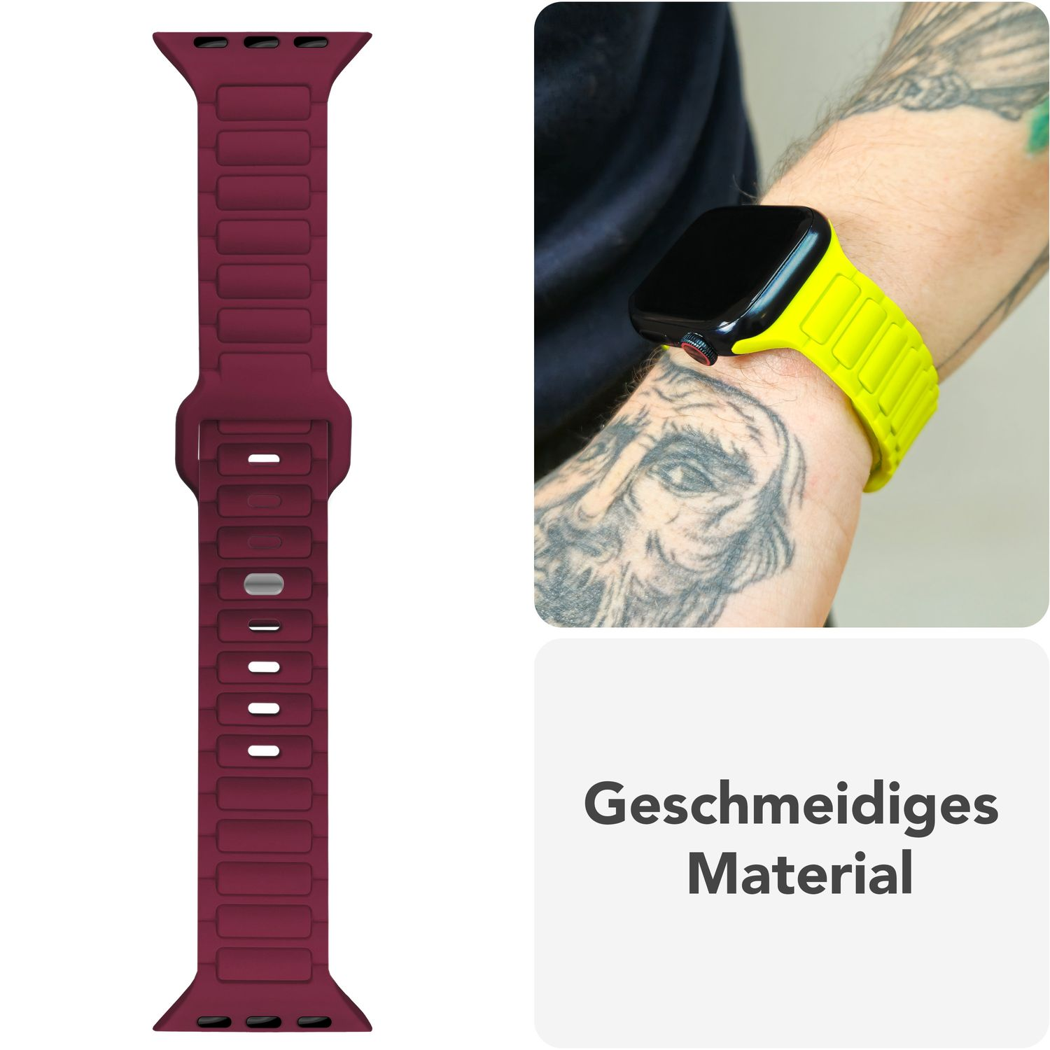 Burgunderfarbenes Uhrenarmband, tätowierter Arm, gelbe Uhr.